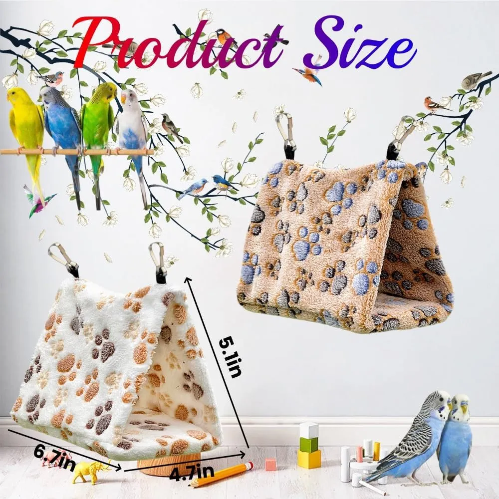 2 Pack Bird Nest Plush Snuggle Bird Hammock Hanging Bird Cave Parrot Sleeping Bed Shed Hut Hanging Tent for Budgies Finch Parakeet Cockatiel Cockatoo Lovebird-Foot Pattern (Brown&White)