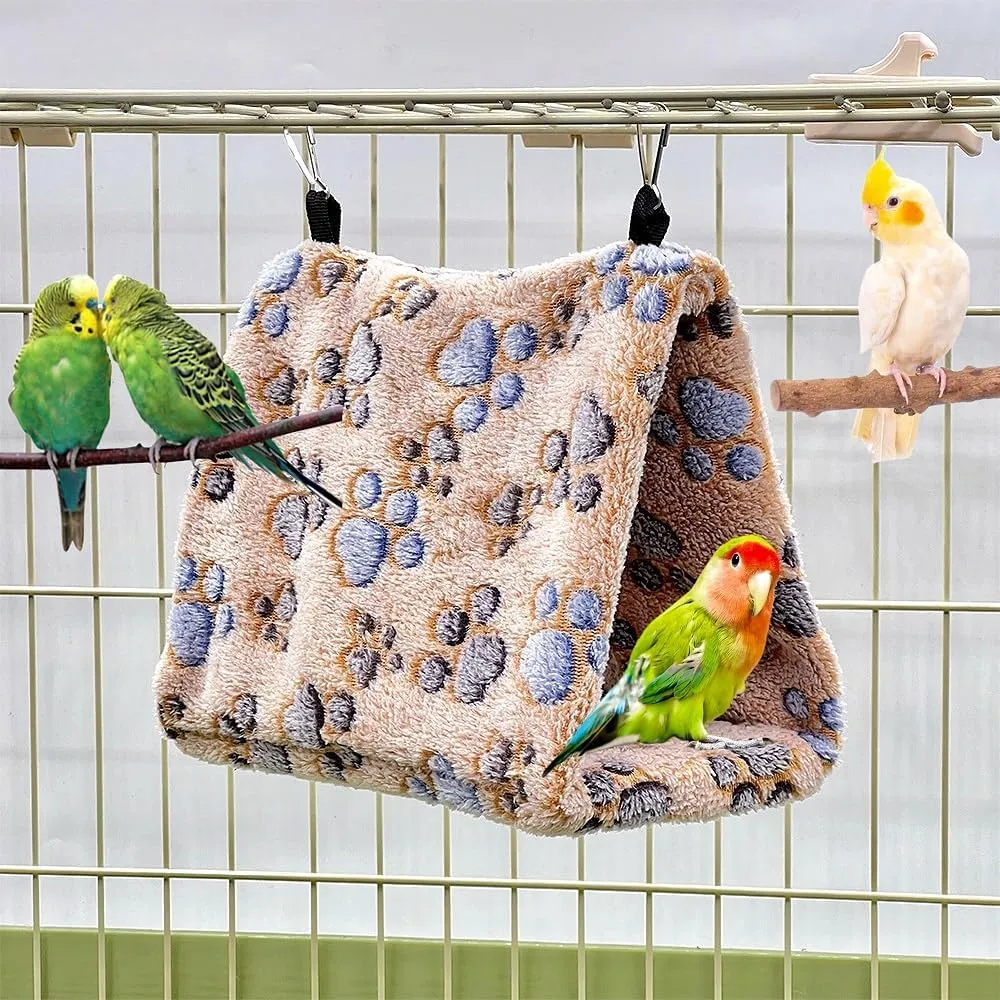 2 Pack Bird Nest Plush Snuggle Bird Hammock Hanging Bird Cave Parrot Sleeping Bed Shed Hut Hanging Tent for Budgies Finch Parakeet Cockatiel Cockatoo Lovebird-Foot Pattern (Brown&White)