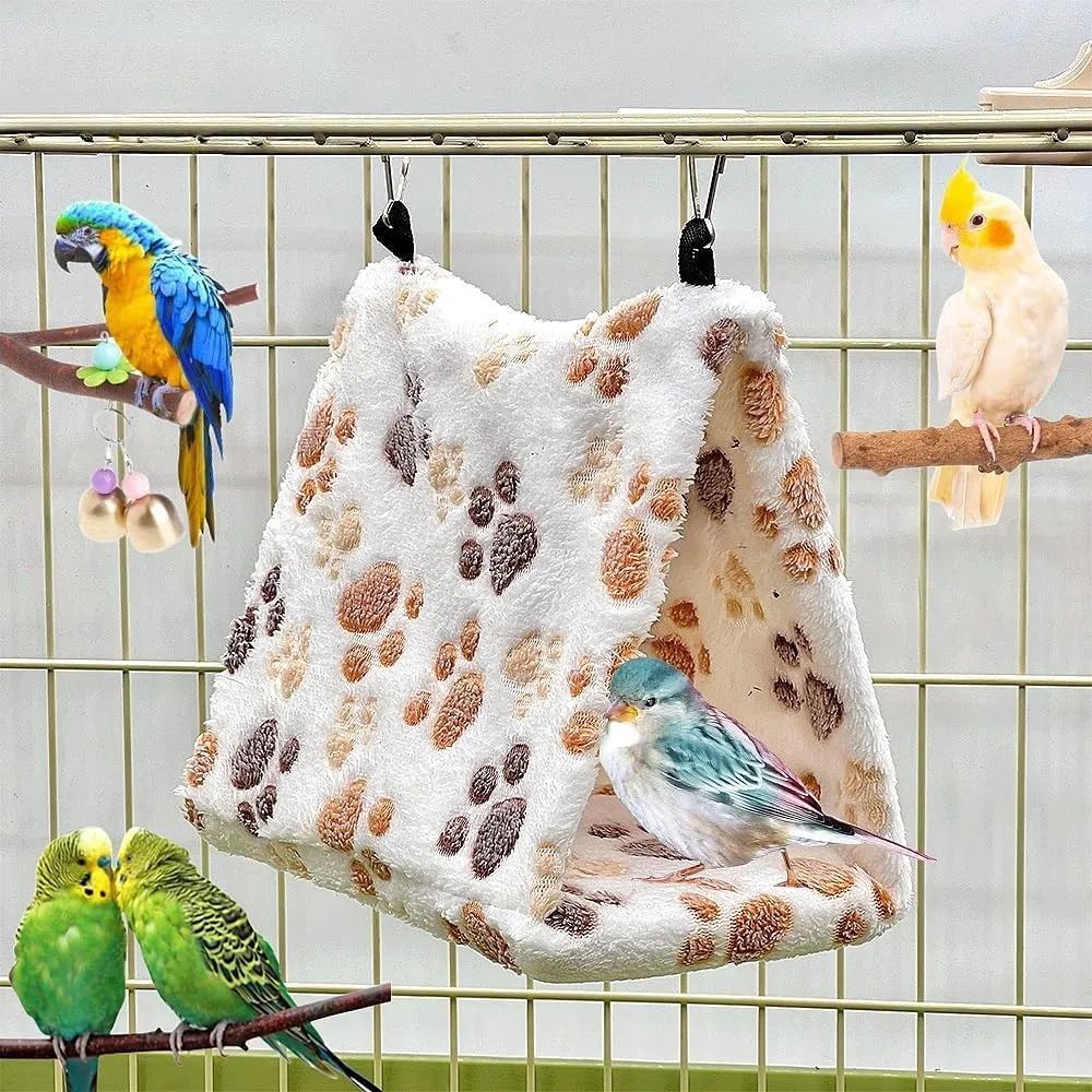2 Pack Bird Nest Plush Snuggle Bird Hammock Hanging Bird Cave Parrot Sleeping Bed Shed Hut Hanging Tent for Budgies Finch Parakeet Cockatiel Cockatoo Lovebird-Foot Pattern (Brown&White)