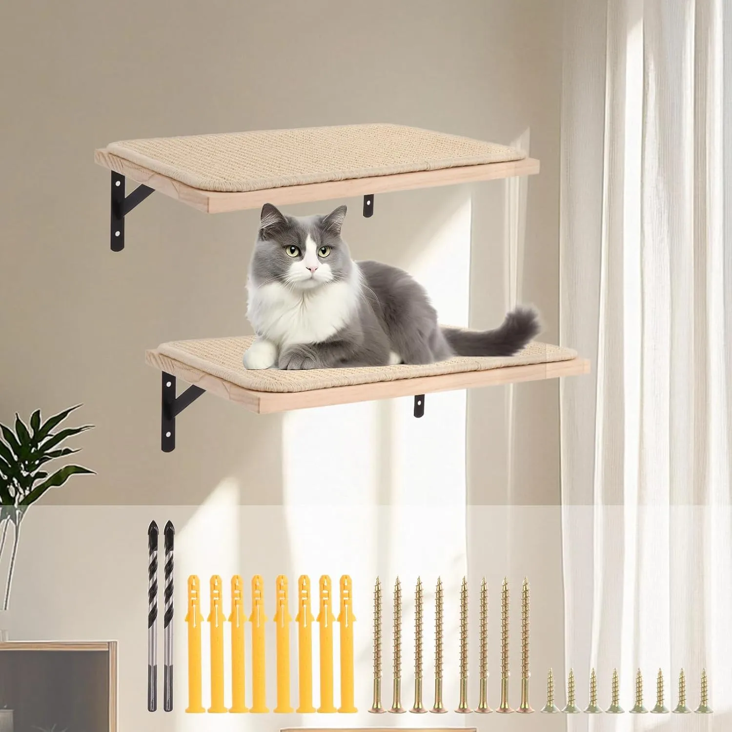 2 Pack Cat Wall Shelves, 16 x 10 Inch Wall Cat Shelves with Sisal Mat, Wood Cat Shelves for Large Cats, Wall Mounted Cat Furniture Wall Cat Perch for Sleeping, Scratching and Playing