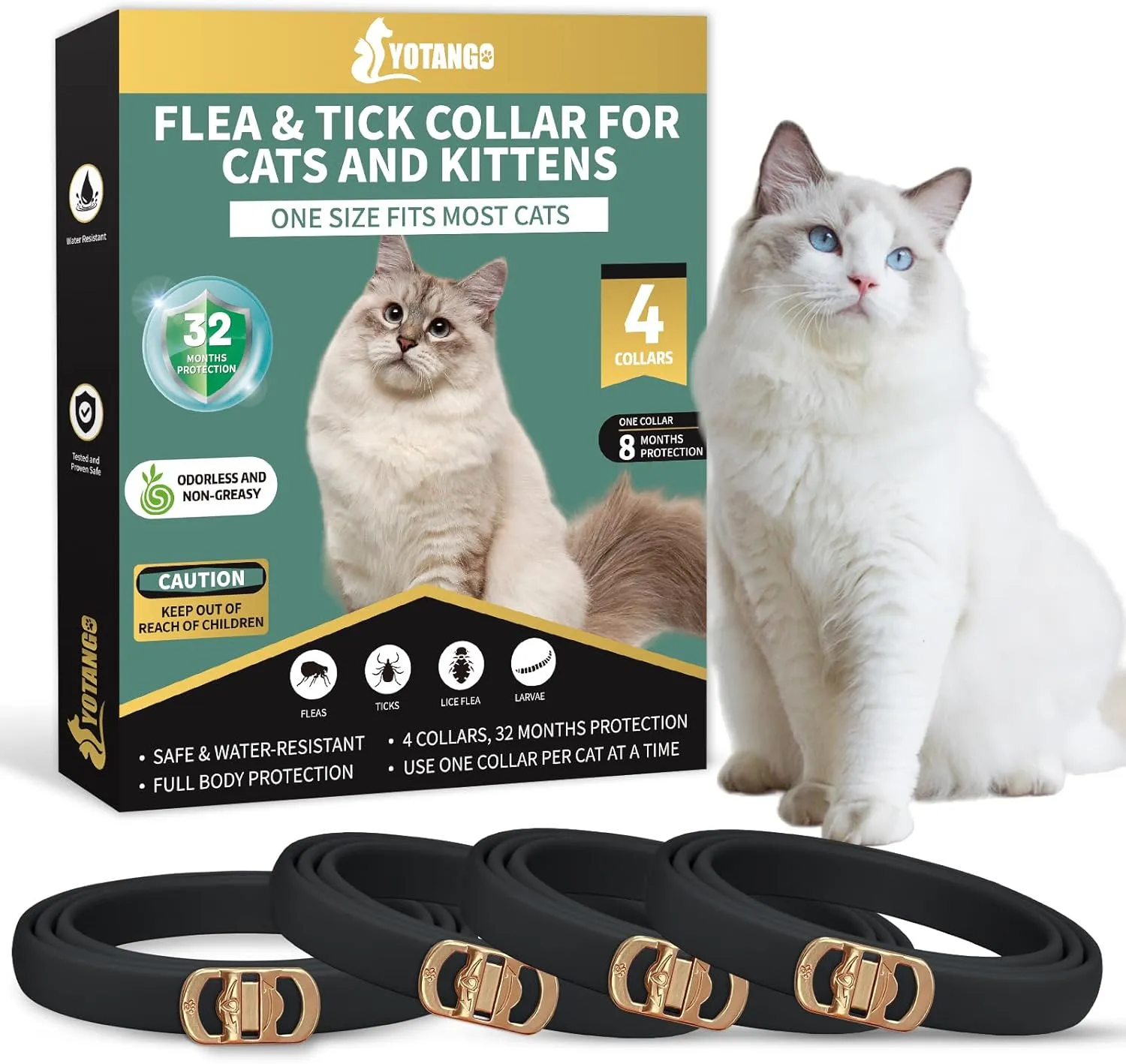4 Pack Flea Collar for Cats, 32 Months Flea and Tick Prevention for Cats, Waterproof Cat Flea Collar, Cat Flea and Tick Treatment, Adjustable Flea and Tick Collar for Cats Kittens-Black