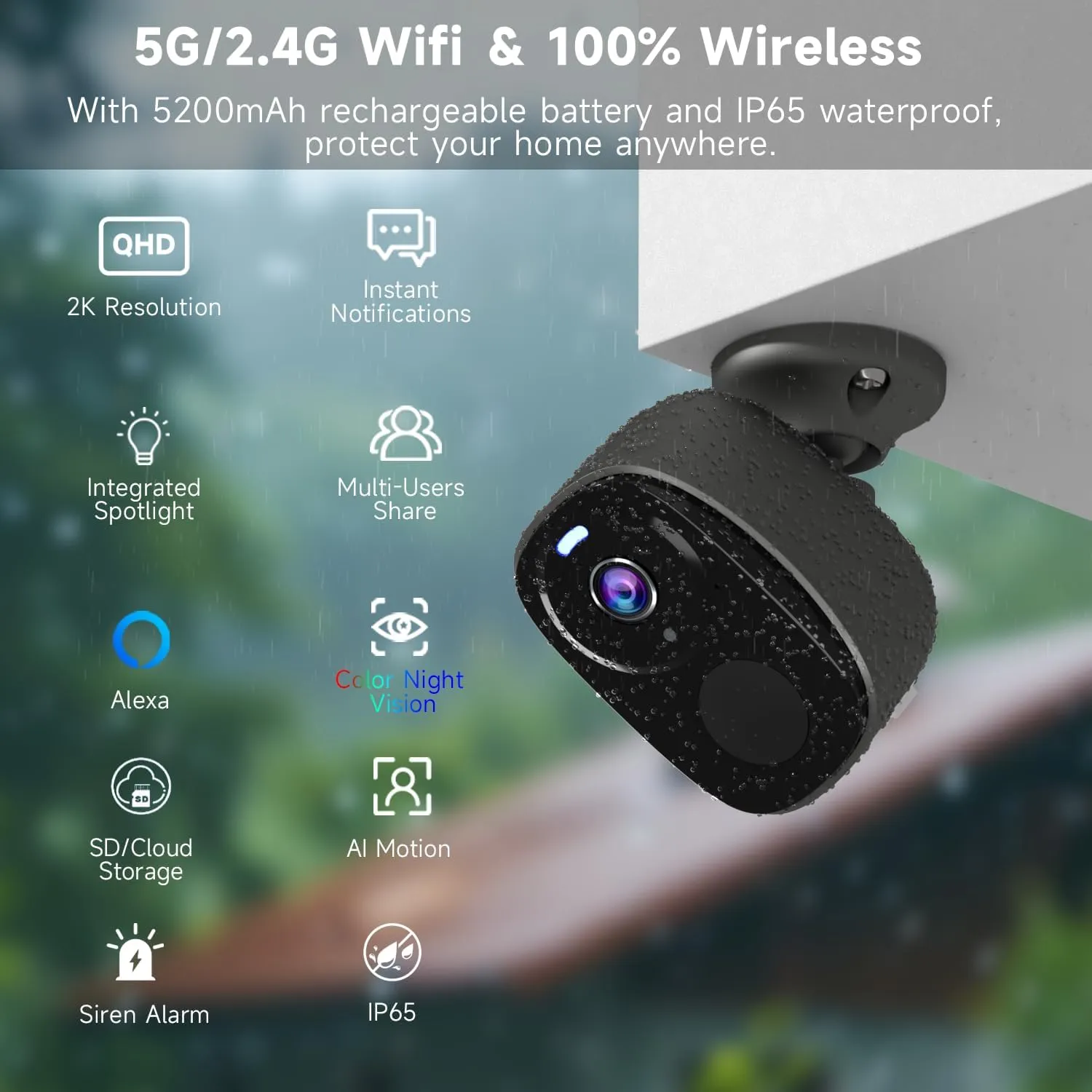 4PC 5G/2.4G Security Cameras Wireless Outdoor,2K Battery Powered Camera for Home Security,WiFi Home Indoor Camera with AI Motion Detection,Siren, Color Night Vision,2-Way Talk, IP65, SD/Cloud,Alexa