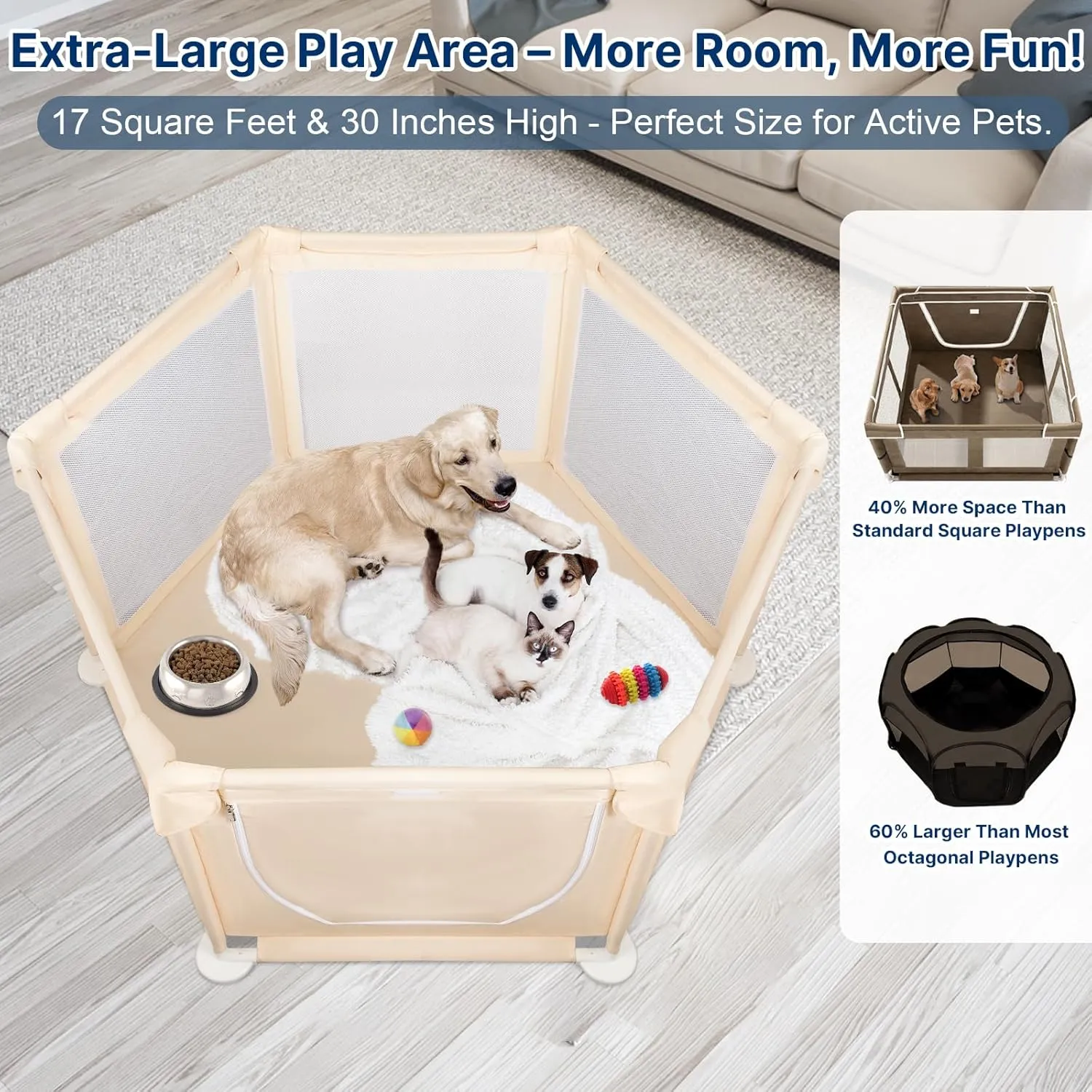 58"x58"x30" Large Dog Playpen Indoor, Extra Tall Puppy Playpen with Removable Roof, Sturdy Fabric Mesh Dog Pen for Medium to Large Pets, Spacious Hexagonal Pet Playpen Indoor for Comfort & Security