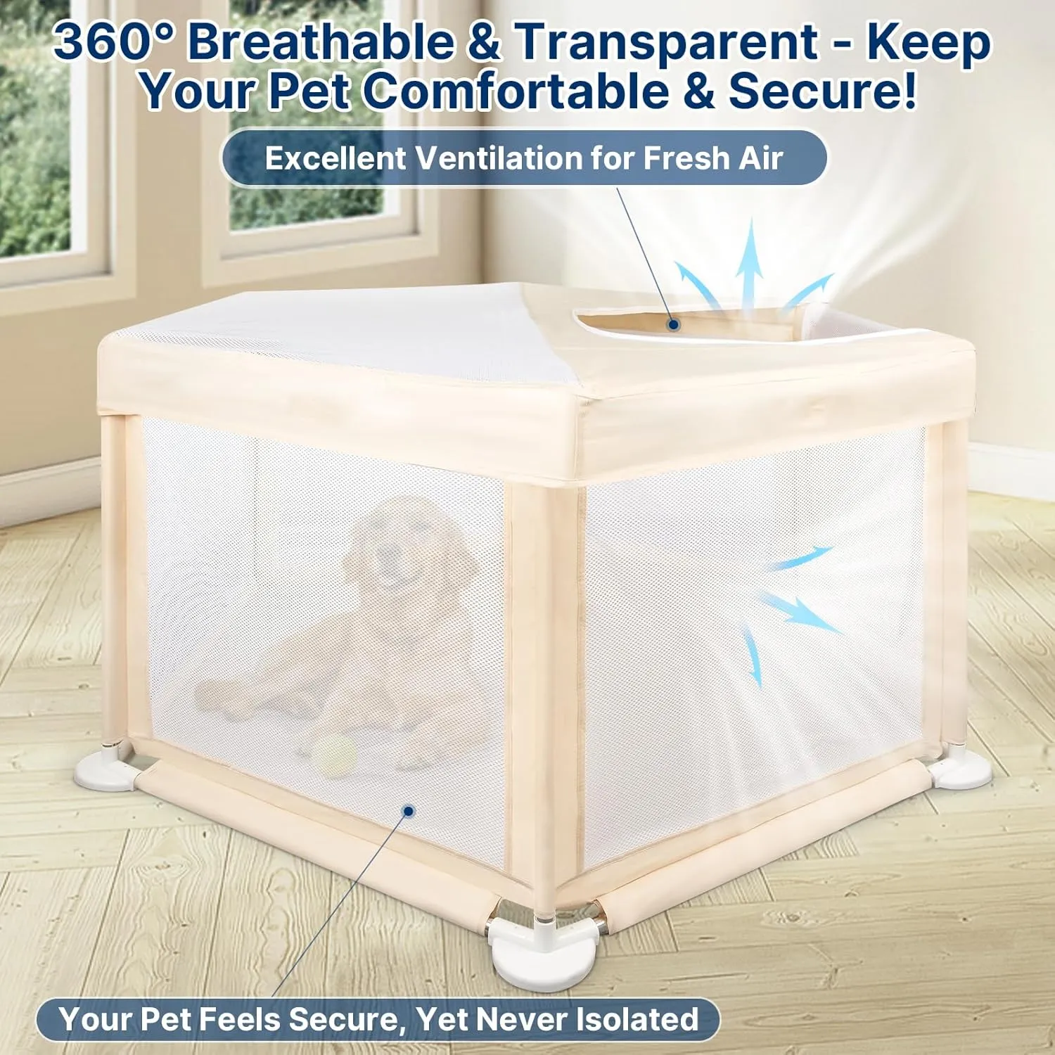 58"x58"x30" Large Dog Playpen Indoor, Extra Tall Puppy Playpen with Removable Roof, Sturdy Fabric Mesh Dog Pen for Medium to Large Pets, Spacious Hexagonal Pet Playpen Indoor for Comfort & Security