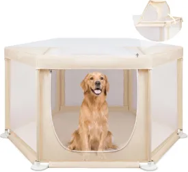 58"x58"x30" Large Dog Playpen Indoor, Extra Tall Puppy Playpen with Removable Roof, Sturdy Fabric Mesh Dog Pen for Medium to Large Pets, Spacious Hexagonal Pet Playpen Indoor for Comfort & Security