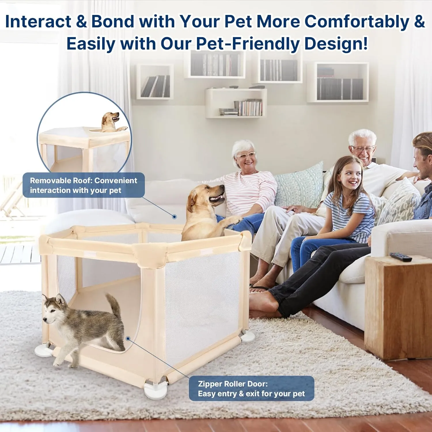 58"x58"x30" Large Dog Playpen Indoor, Extra Tall Puppy Playpen with Removable Roof, Sturdy Fabric Mesh Dog Pen for Medium to Large Pets, Spacious Hexagonal Pet Playpen Indoor for Comfort & Security