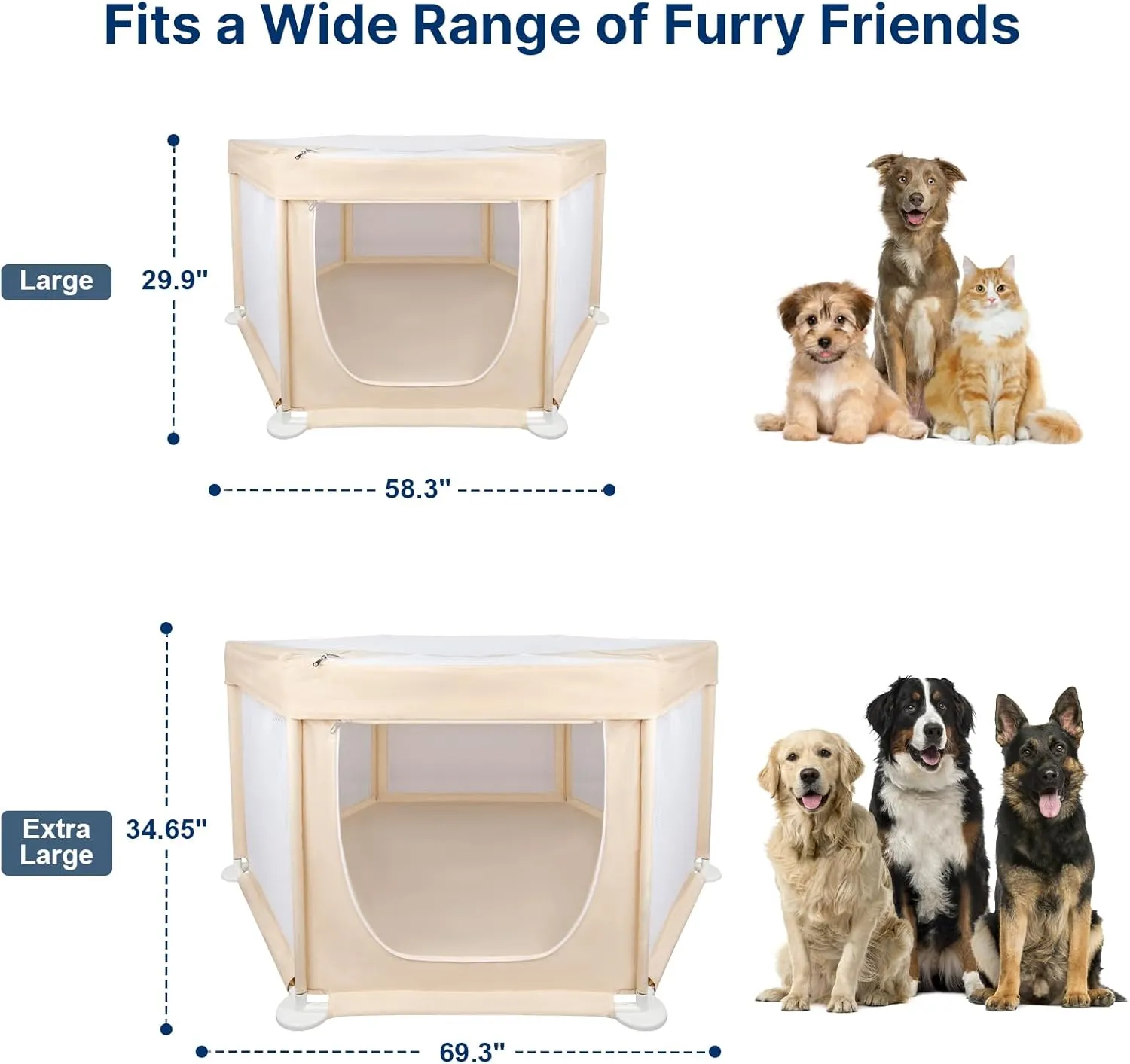 58"x58"x30" Large Dog Playpen Indoor, Extra Tall Puppy Playpen with Removable Roof, Sturdy Fabric Mesh Dog Pen for Medium to Large Pets, Spacious Hexagonal Pet Playpen Indoor for Comfort & Security