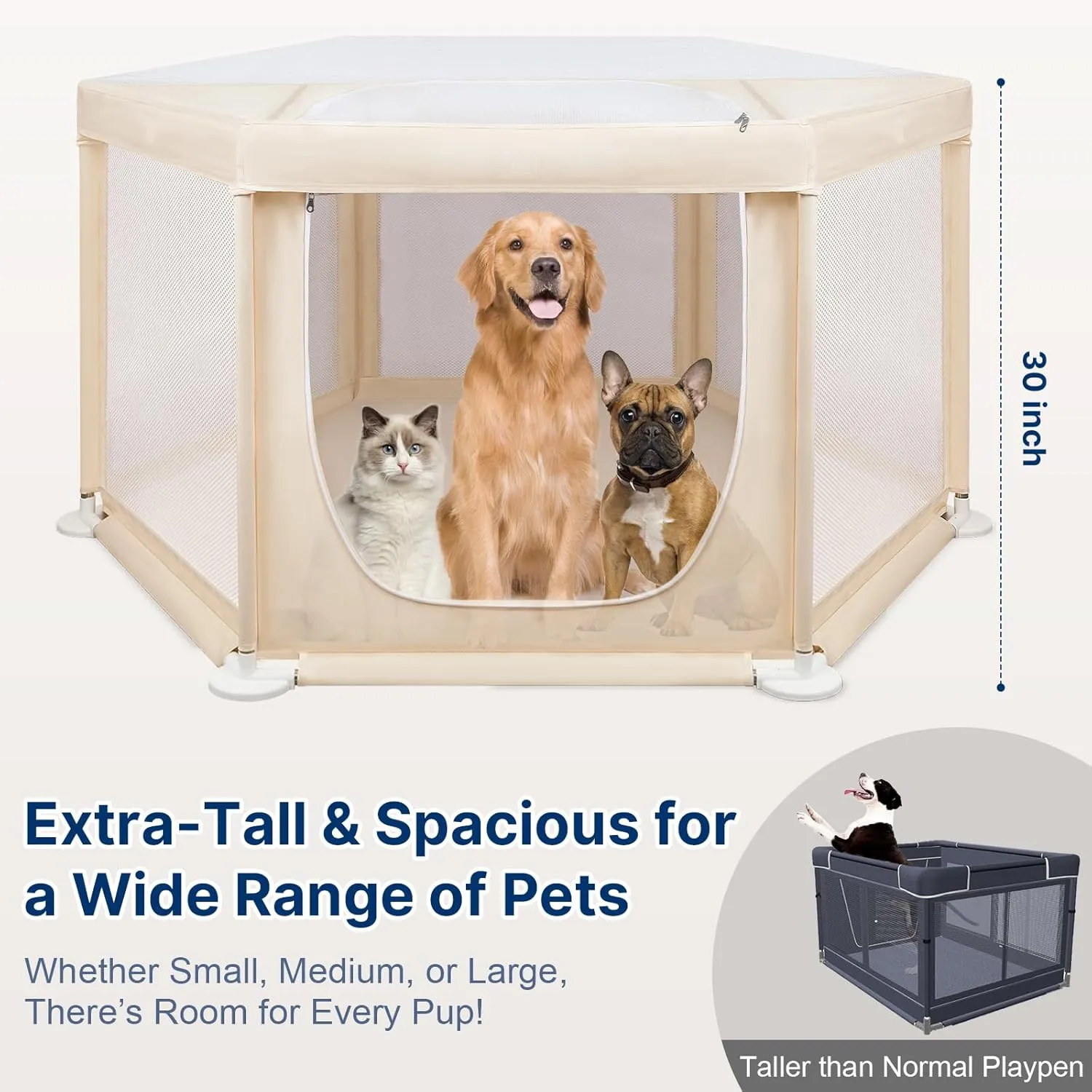 58"x58"x30" Large Dog Playpen Indoor, Extra Tall Puppy Playpen with Removable Roof, Sturdy Fabric Mesh Dog Pen for Medium to Large Pets, Spacious Hexagonal Pet Playpen Indoor for Comfort & Security