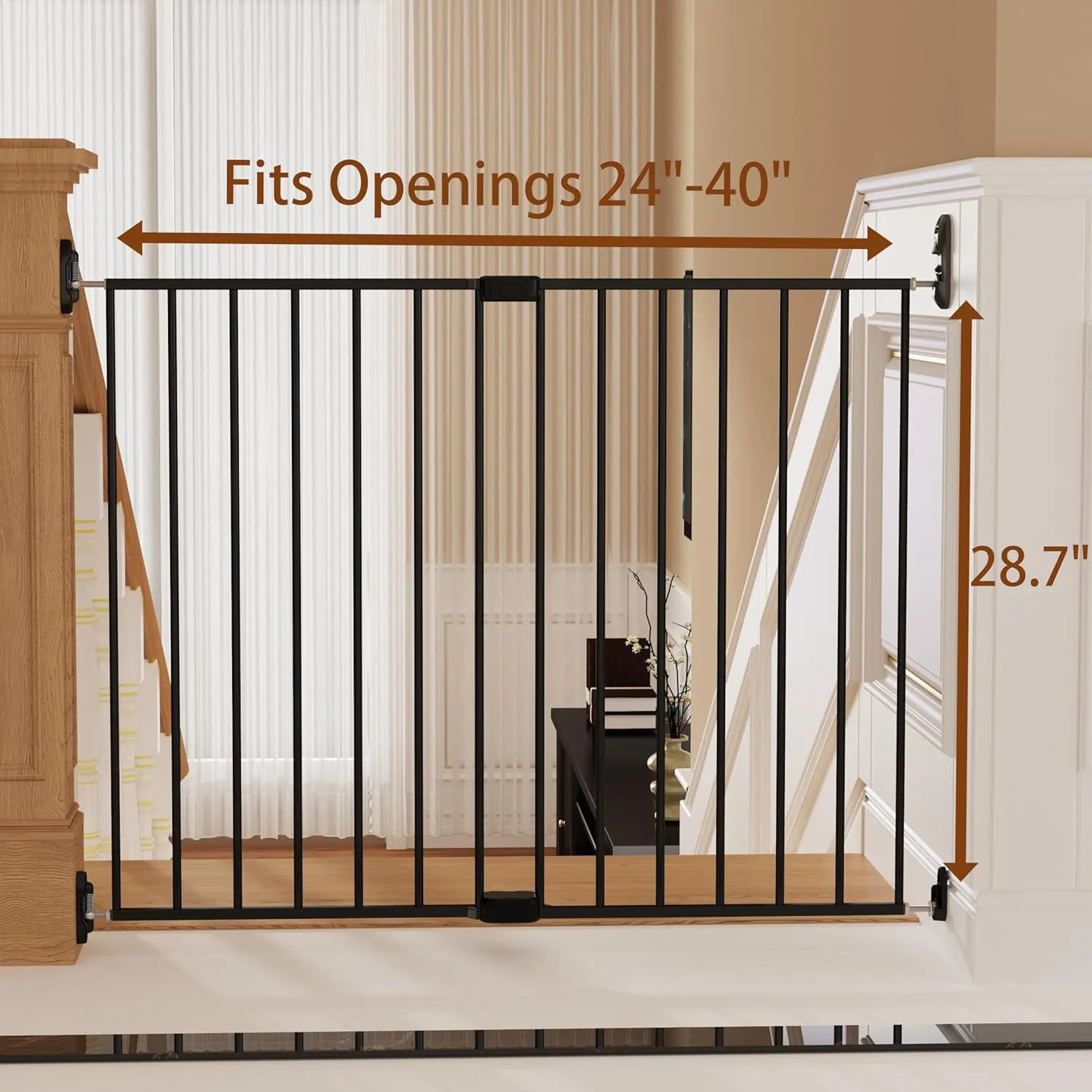 Adjustable Baby Safety Swing Gate, Hardware-Mounted Metal Gate for Stairs and Doorways, Secure Latch for Kids and Pets (Black, 24"-40.5" W x 28.75" H)