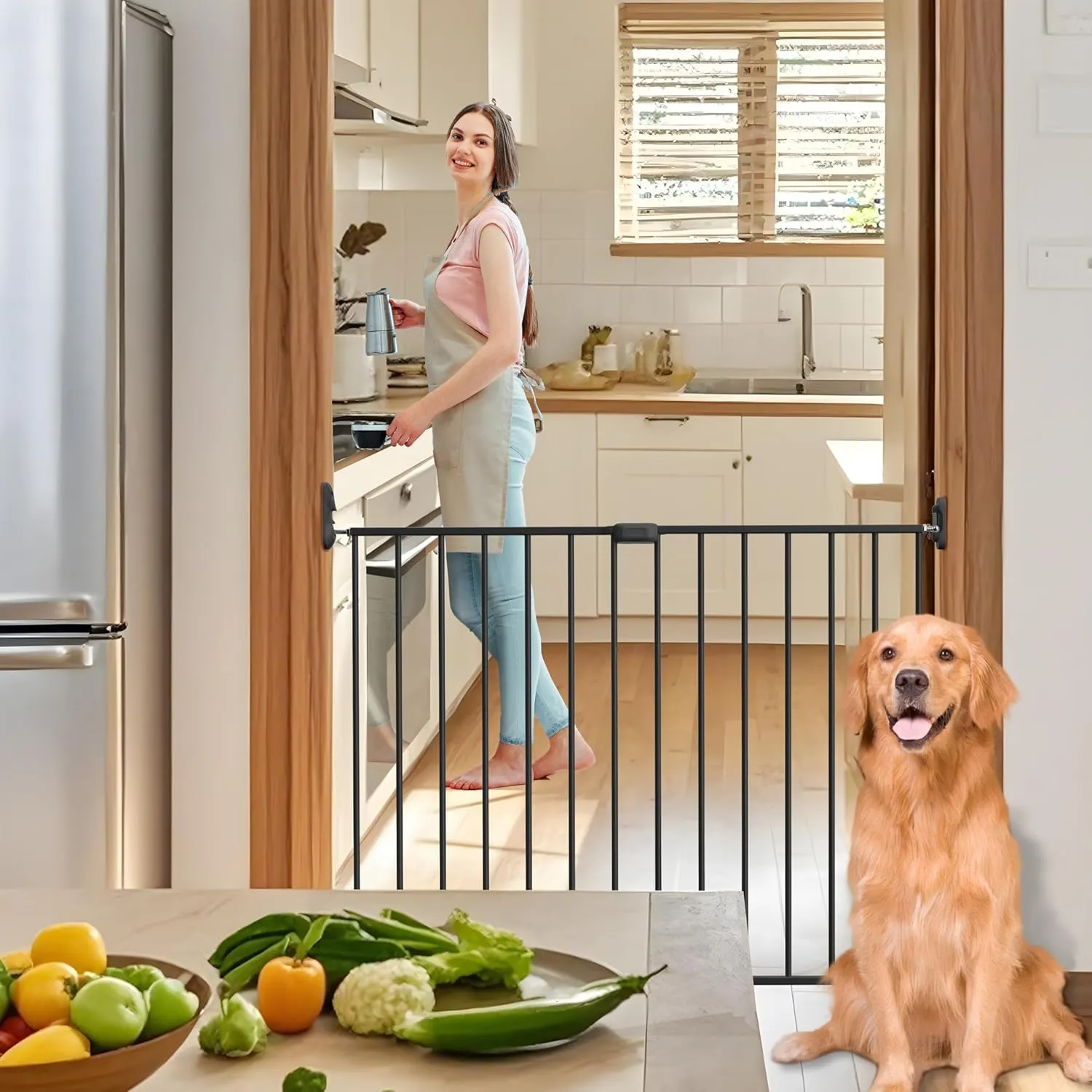 Adjustable Baby Safety Swing Gate, Hardware-Mounted Metal Gate for Stairs and Doorways, Secure Latch for Kids and Pets (Black, 24"-40.5" W x 28.75" H)