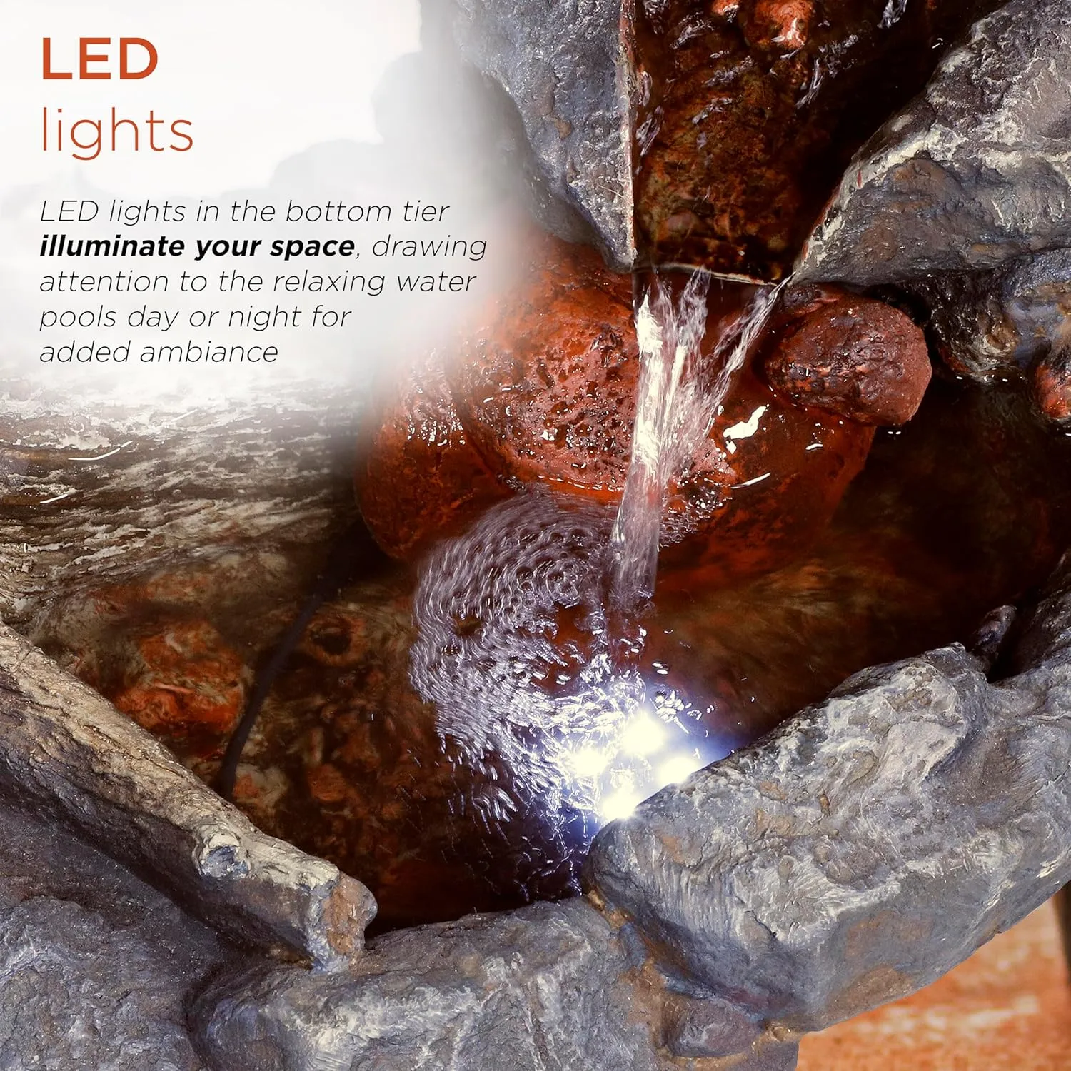 Alpine Corporation 20" Long Indoor/Outdoor River Rock Waterfall Tabletop Fountain with LED Lights