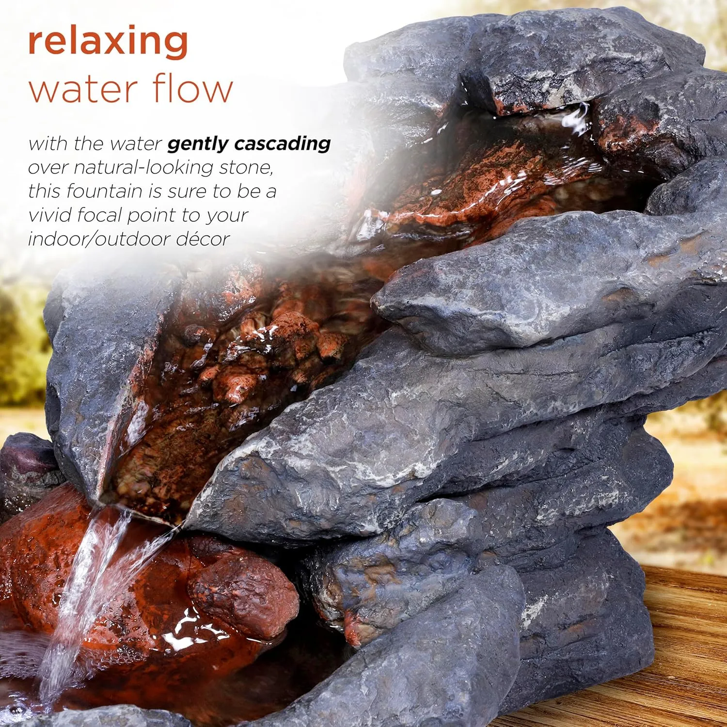 Alpine Corporation 20" Long Indoor/Outdoor River Rock Waterfall Tabletop Fountain with LED Lights