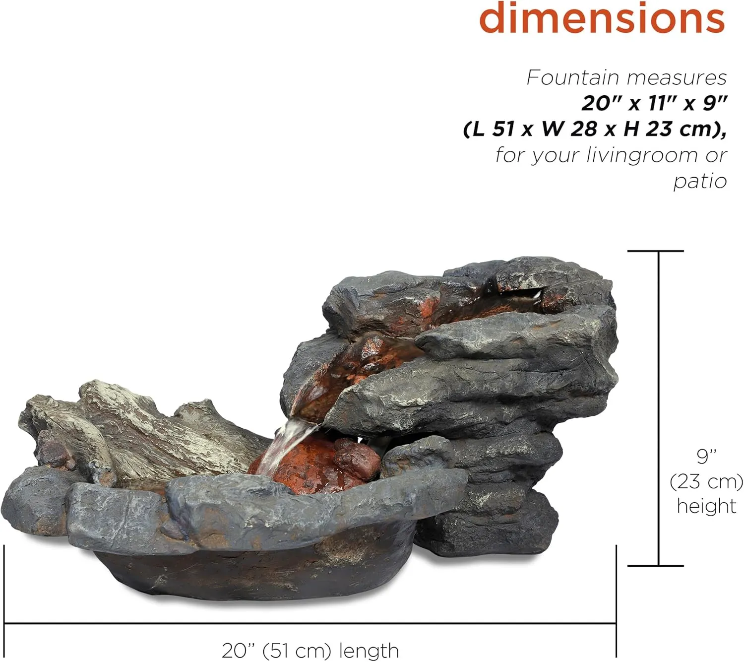 Alpine Corporation 20" Long Indoor/Outdoor River Rock Waterfall Tabletop Fountain with LED Lights