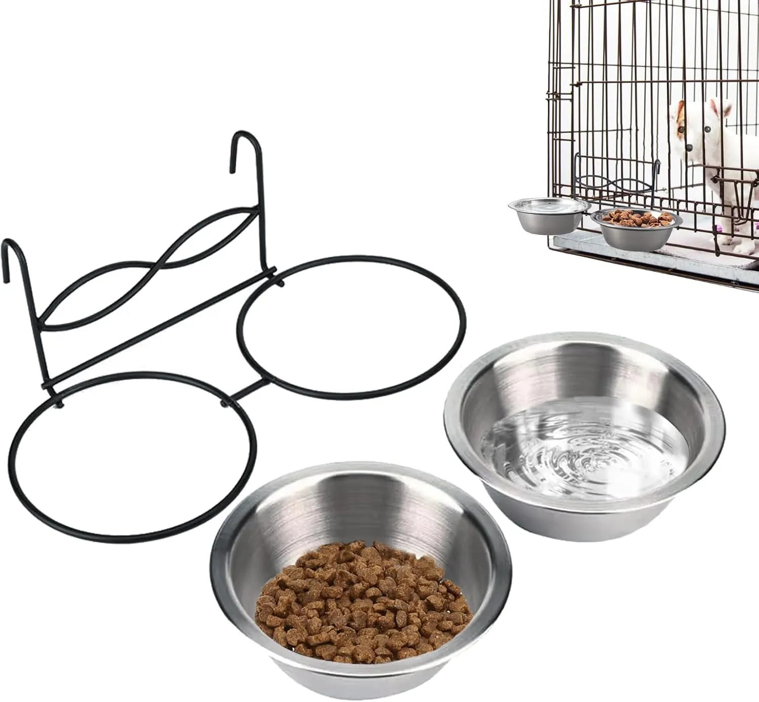 Anti-Slip Dog Bowls, 2 Pack Stainless Steel Dog Bowl Hanging on Cage, Pet Water and Food Bowls for Cats and Dogs, Dry and Wet Foods, with Non-Slip Silicone Pad, 17cm/6.7inch/25 oz Each