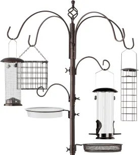 Best Choice Products 6-Hook Bird Feeding Station, Steel Multi-Feeder Kit Stand for Attracting Wild Birds w/ 4 Bird Feeders, Mesh Tray, Bird Bath, 5-Prong Base - Bronze