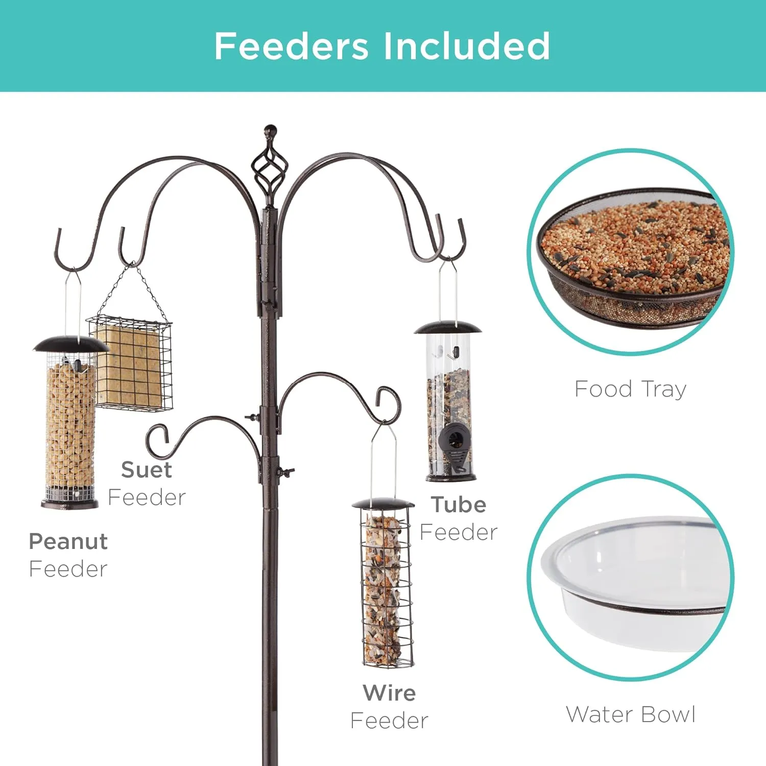 Best Choice Products 6-Hook Bird Feeding Station, Steel Multi-Feeder Kit Stand for Attracting Wild Birds w/ 4 Bird Feeders, Mesh Tray, Bird Bath, 5-Prong Base - Bronze