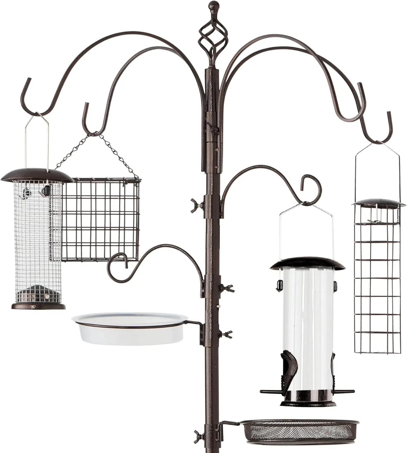 Best Choice Products 6-Hook Bird Feeding Station, Steel Multi-Feeder Kit Stand for Attracting Wild Birds w/ 4 Bird Feeders, Mesh Tray, Bird Bath, 5-Prong Base - Bronze