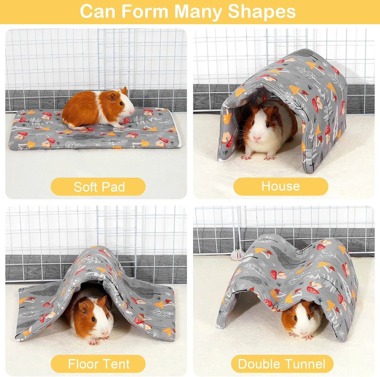 Bienbee Guinea Pig Tunnel, Guinea Pig Hideout, Washable Rabbit Tunnel and Bunny House, Rabbit Toys in Cages for Guinea Pig Bunny Rabbit Small Animal Gray Mushroom