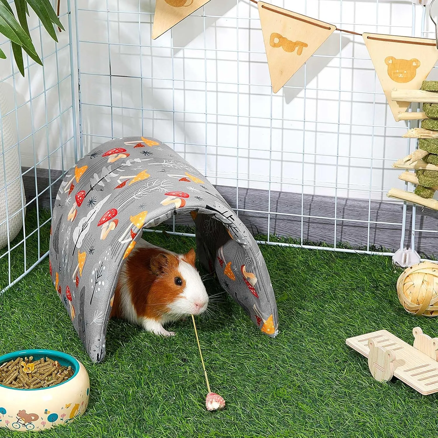 Bienbee Guinea Pig Tunnel, Guinea Pig Hideout, Washable Rabbit Tunnel and Bunny House, Rabbit Toys in Cages for Guinea Pig Bunny Rabbit Small Animal Gray Mushroom
