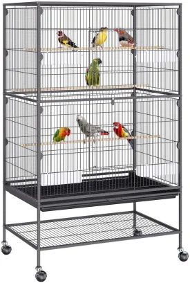 Bird Cage, 52 inch Standing Large Bird Cage, Bird Cages with Rolling Stand and Slide Out Tray, Carbon Steel Flight Bird Cages for Parakeets, Cockatiels or Parrots, Black