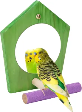 Bird Parrot Mirror Toy with Perch Parrot Parakeet Budgies Cockatiel Conure Finch Lovebird African Grey Macaw Amazon Cockatoo Birdcage Wood Stand Hanging Cage Accessories (Color Random)