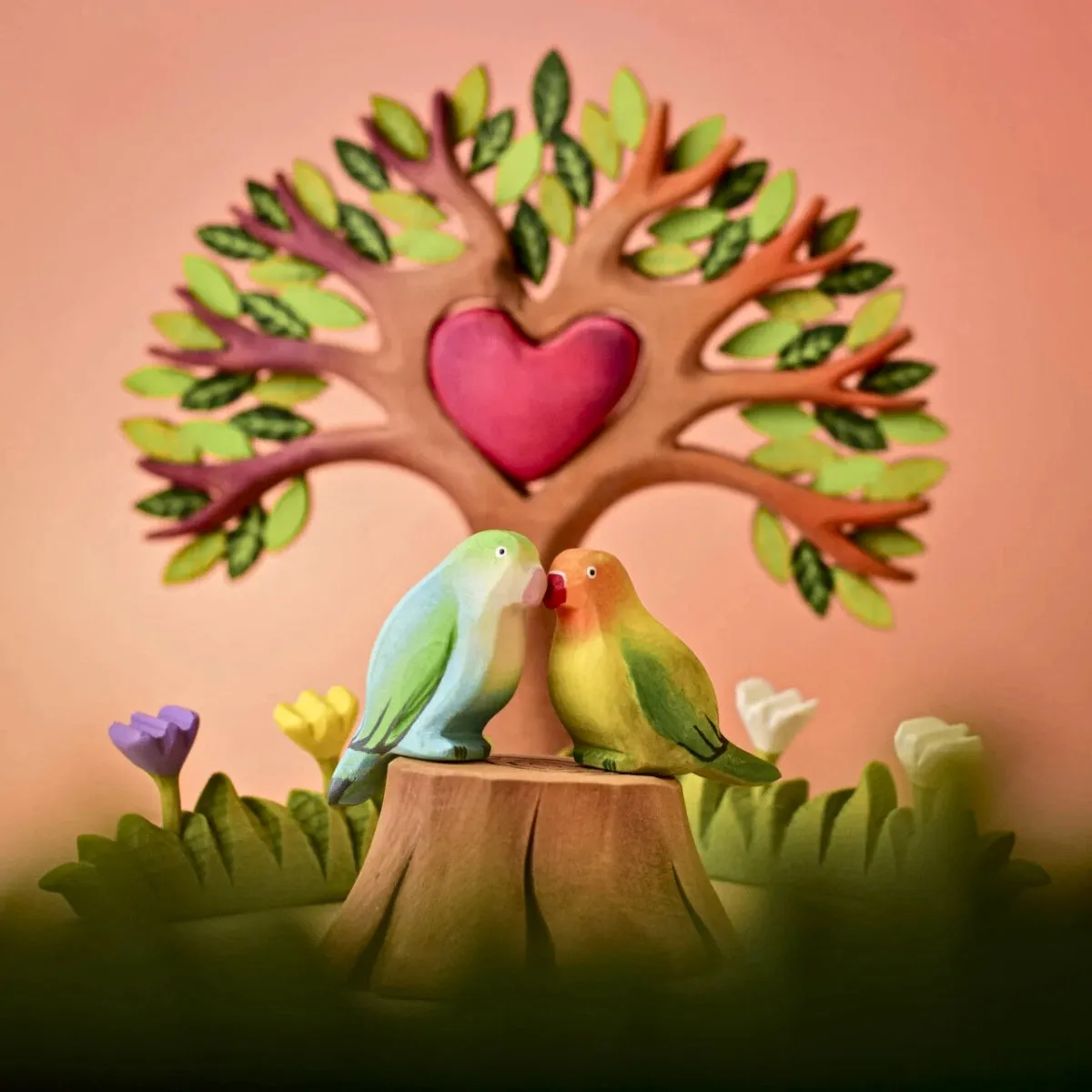 BumbuToys Wooden Birds - Lovebird - Green & Yellow