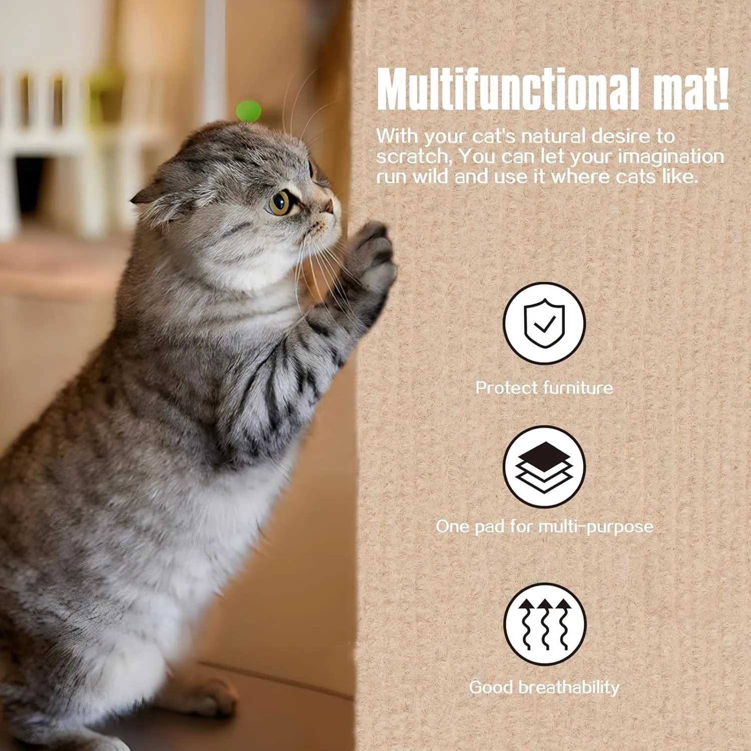 Cat Scratching Mat,Cat Scratch Furniture Protector, Trimmable Self-Adhesive Couch Protector,Carpet Replacement for Tree Shelves, Sofa and Scratching Post (78.7"x15.8",Khaki)