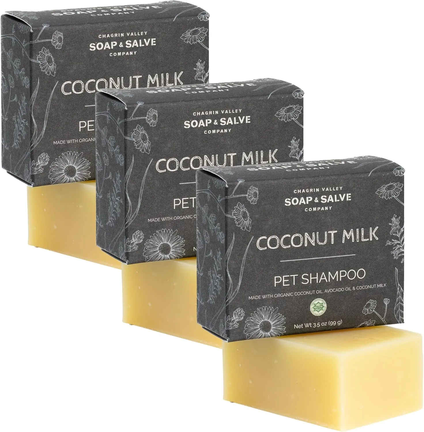 Chagrin Valley Soap & Salve Organic Natural Dog & Pet Shampoo  Unscented & Moisturizing for Dogs with Dry, Sensitive or Itchy Skin  Coconut Milk Conditions the Coat - 3.8 OZ Bar 3PK