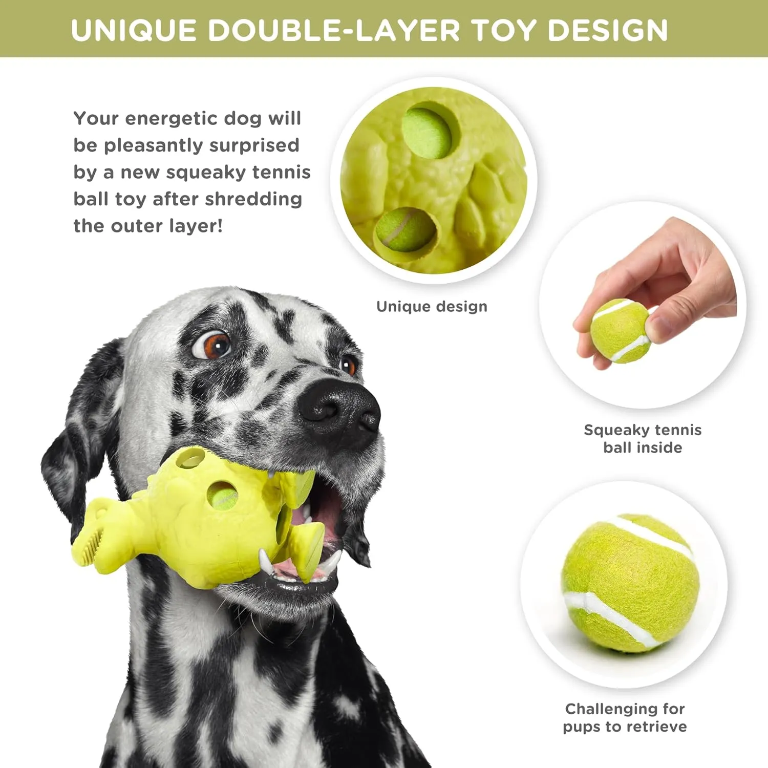 Codi Dog Chew Toys - Funny Interactive Dog Toys with a Tennis Ball, Tough Durable Teething Rubber Dog Toys for Medium Dogs (Yellow Dinosaur)