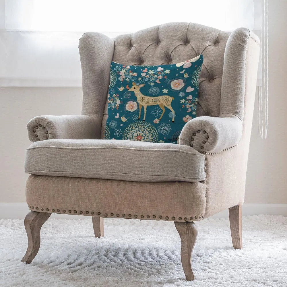 Deer Pillows Decorative Throw Pillow Cover Magic Love Flower Bird on Antler Pillow Case 18 x 18 Inch Cotton Linen Easter Square Cushion Cover for Sofa Bed Green Pink