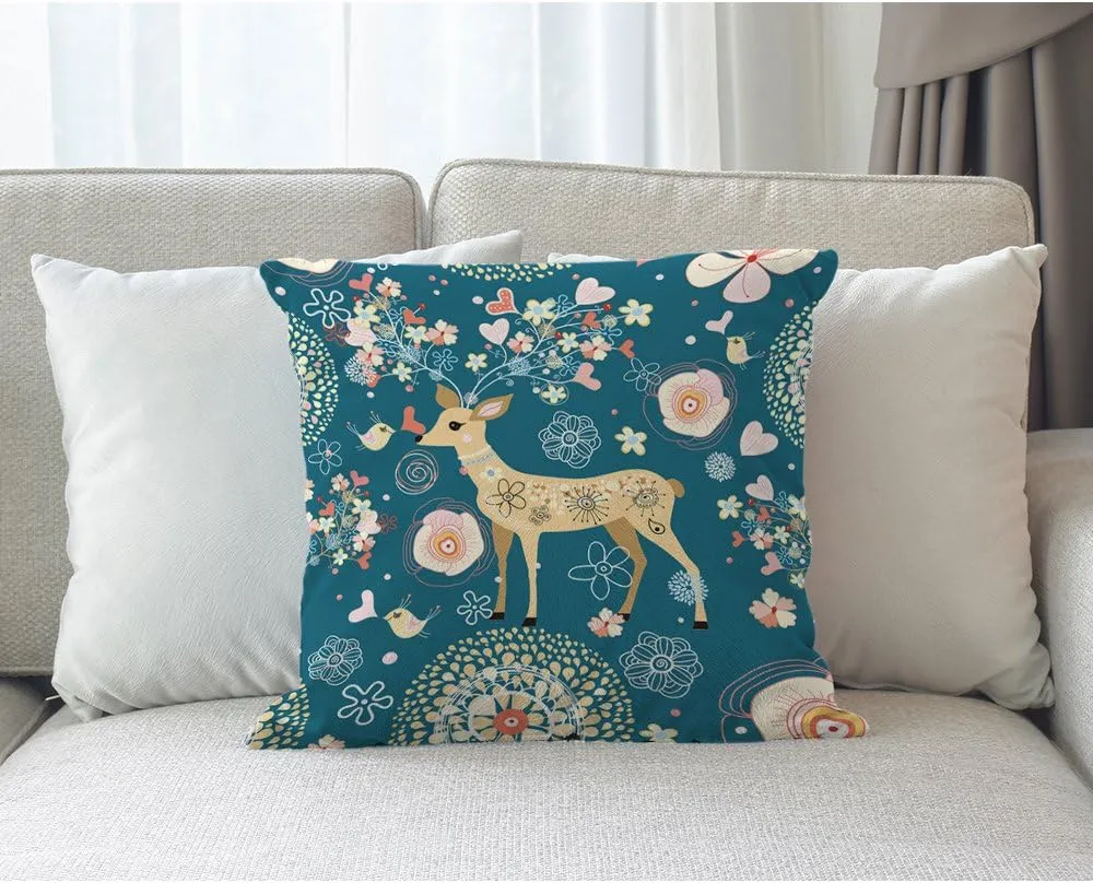 Deer Pillows Decorative Throw Pillow Cover Magic Love Flower Bird on Antler Pillow Case 18 x 18 Inch Cotton Linen Easter Square Cushion Cover for Sofa Bed Green Pink