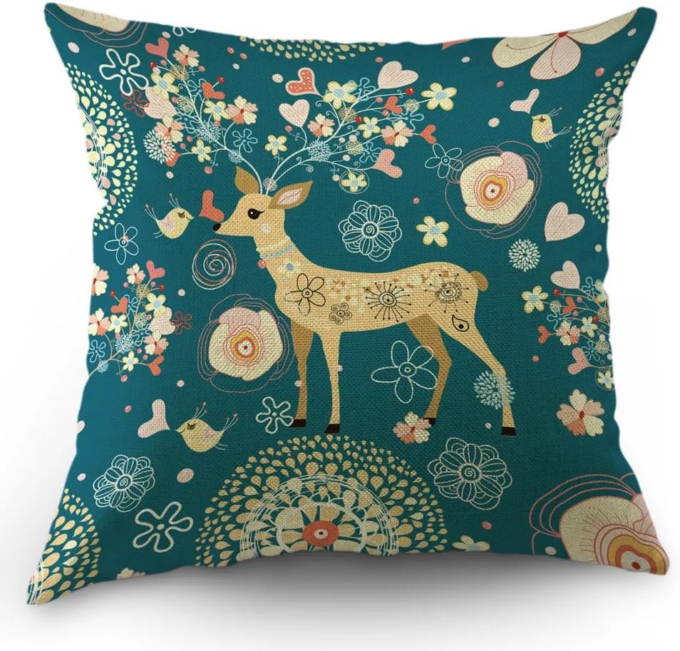 Deer Pillows Decorative Throw Pillow Cover Magic Love Flower Bird on Antler Pillow Case 18 x 18 Inch Cotton Linen Easter Square Cushion Cover for Sofa Bed Green Pink