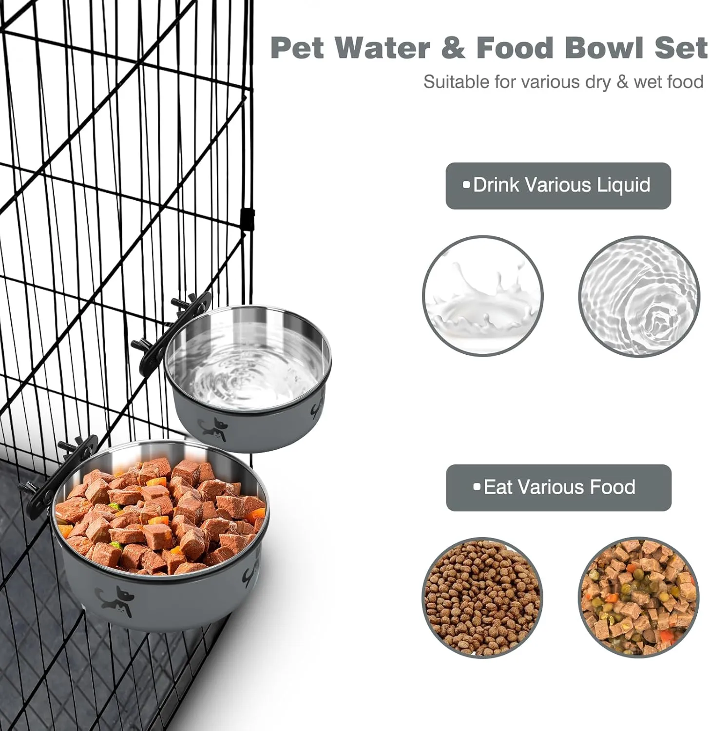 Dog Crate Bowls Hanging No Spill, Set of 2 Dog Crate Water Bowl, Kennel Bowls Mountable Large, Stainless Steel Pet Cage Accessories Feeder Food Dish Coop Cup for Cat Puppy Bunny Guinea Pig Ferret