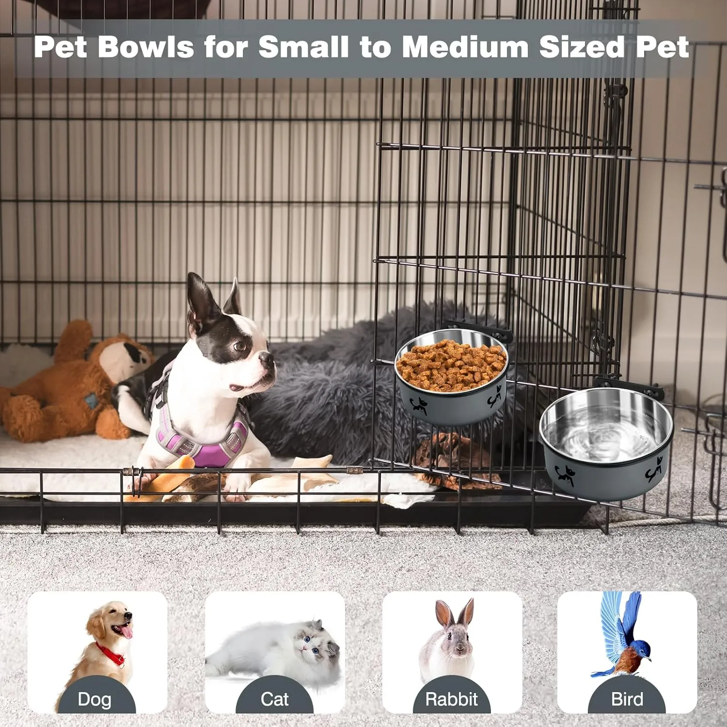 Dog Crate Bowls Hanging No Spill, Set of 2 Dog Crate Water Bowl, Kennel Bowls Mountable Large, Stainless Steel Pet Cage Accessories Feeder Food Dish Coop Cup for Cat Puppy Bunny Guinea Pig Ferret