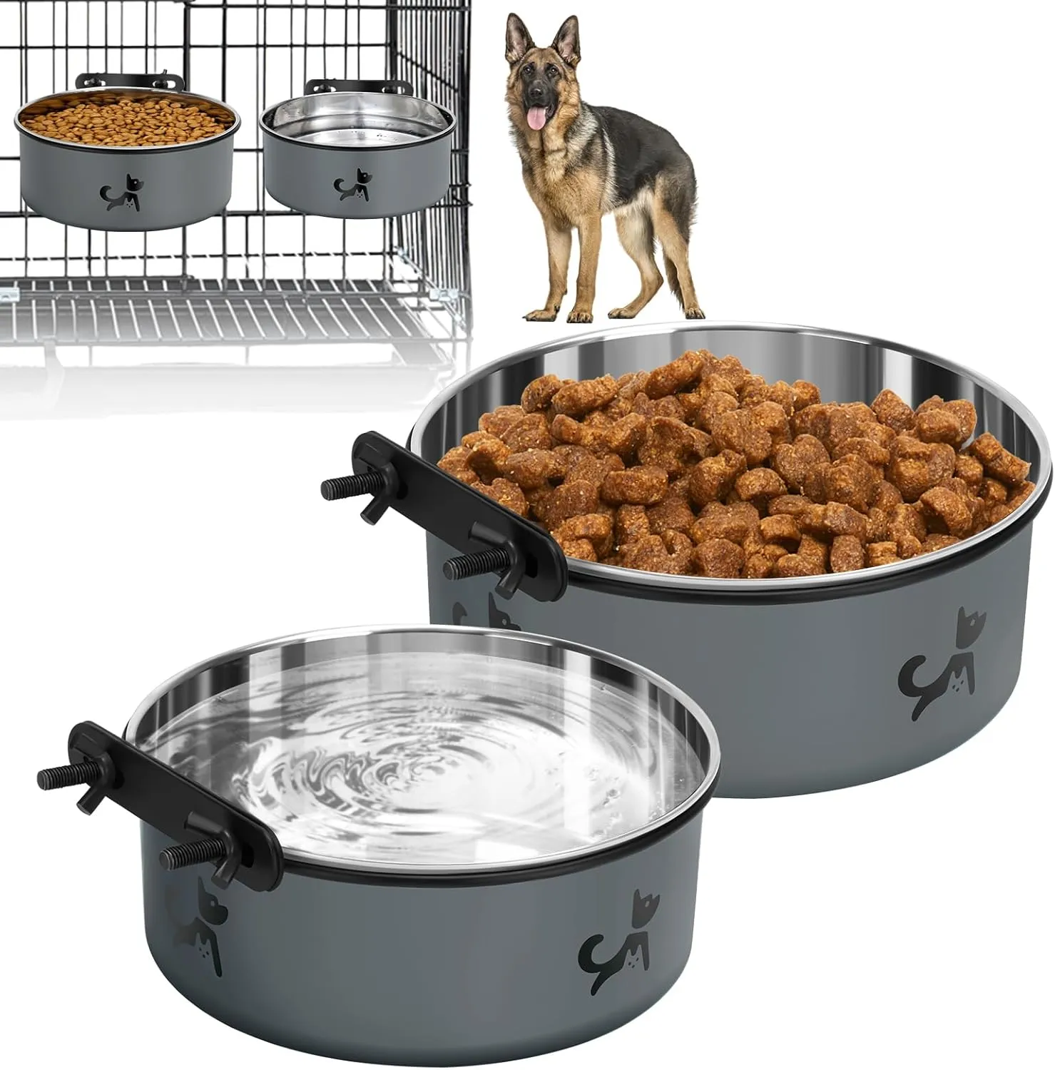 Dog Crate Bowls Hanging No Spill, Set of 2 Dog Crate Water Bowl, Kennel Bowls Mountable Large, Stainless Steel Pet Cage Accessories Feeder Food Dish Coop Cup for Cat Puppy Bunny Guinea Pig Ferret