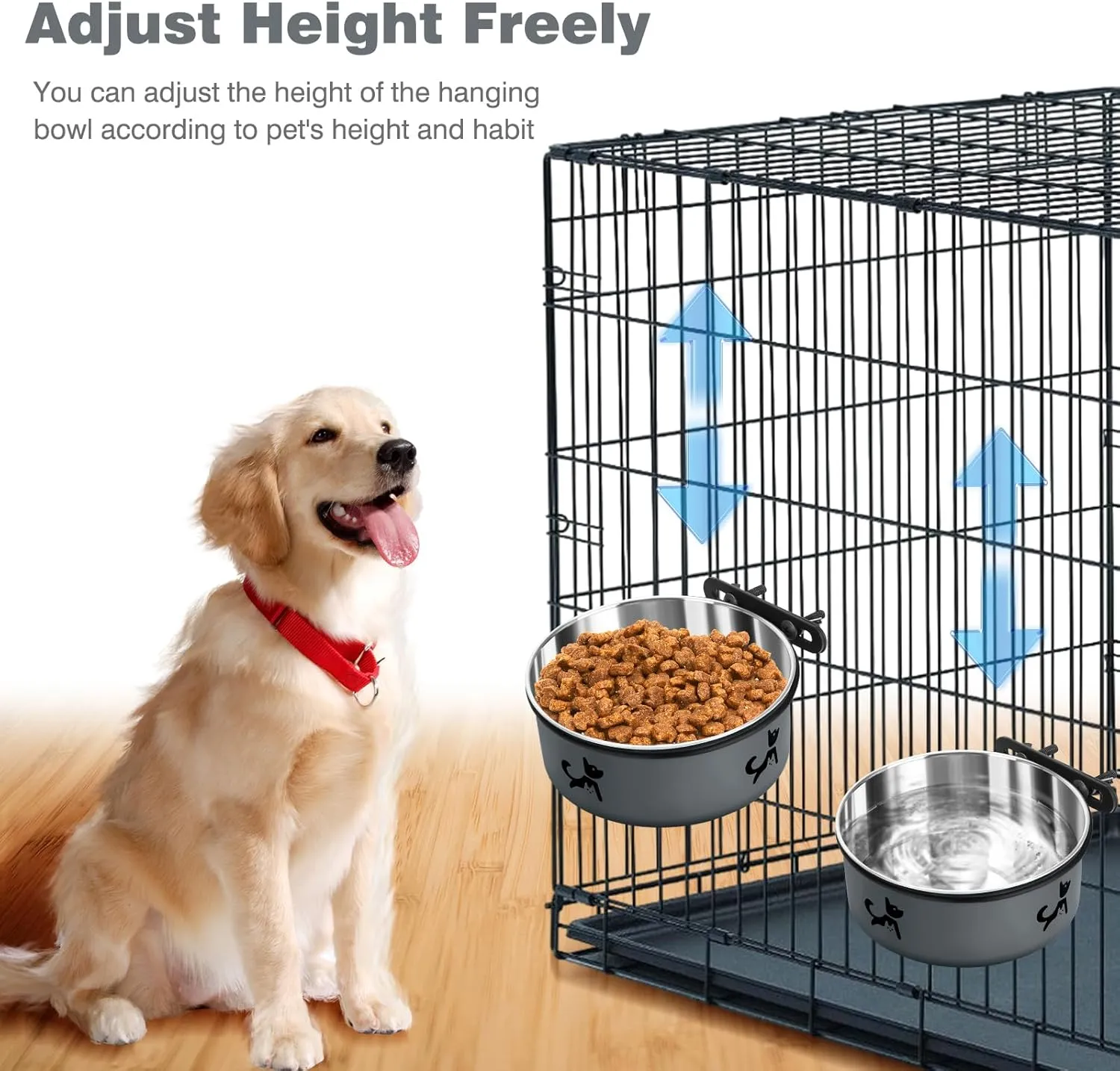 Dog Crate Bowls Hanging No Spill, Set of 2 Dog Crate Water Bowl, Kennel Bowls Mountable Large, Stainless Steel Pet Cage Accessories Feeder Food Dish Coop Cup for Cat Puppy Bunny Guinea Pig Ferret