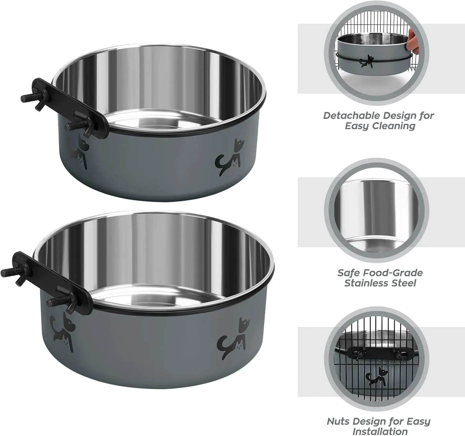 Dog Crate Bowls Hanging No Spill, Set of 2 Dog Crate Water Bowl, Kennel Bowls Mountable Large, Stainless Steel Pet Cage Accessories Feeder Food Dish Coop Cup for Cat Puppy Bunny Guinea Pig Ferret