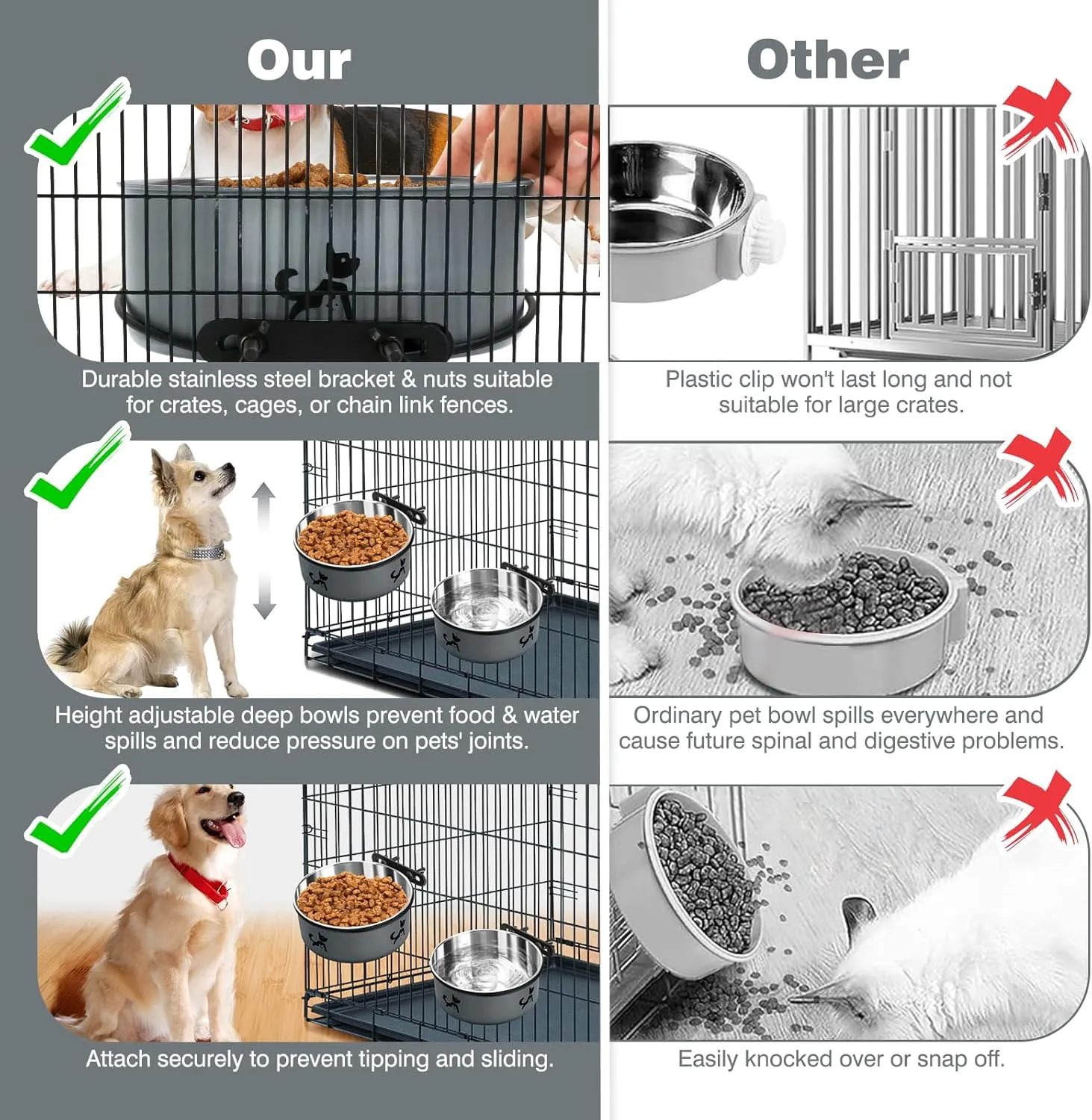 Dog Crate Bowls Hanging No Spill, Set of 2 Dog Crate Water Bowl, Kennel Bowls Mountable Large, Stainless Steel Pet Cage Accessories Feeder Food Dish Coop Cup for Cat Puppy Bunny Guinea Pig Ferret