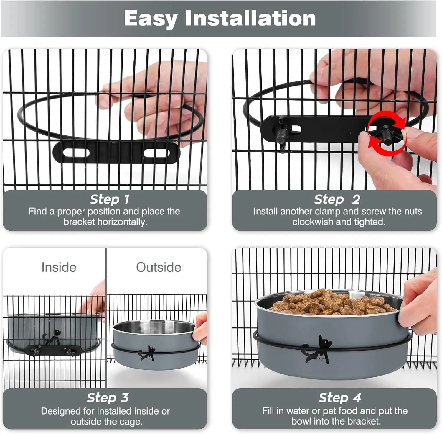 Dog Crate Bowls Hanging No Spill, Set of 2 Dog Crate Water Bowl, Kennel Bowls Mountable Large, Stainless Steel Pet Cage Accessories Feeder Food Dish Coop Cup for Cat Puppy Bunny Guinea Pig Ferret