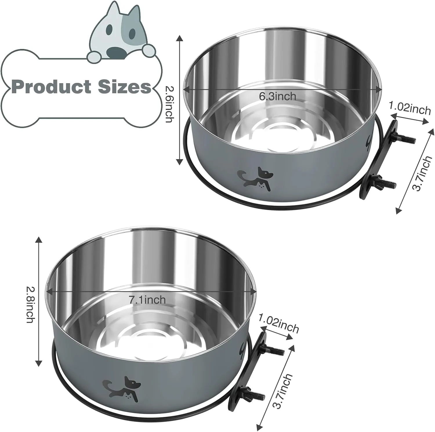 Dog Crate Bowls Hanging No Spill, Set of 2 Dog Crate Water Bowl, Kennel Bowls Mountable Large, Stainless Steel Pet Cage Accessories Feeder Food Dish Coop Cup for Cat Puppy Bunny Guinea Pig Ferret