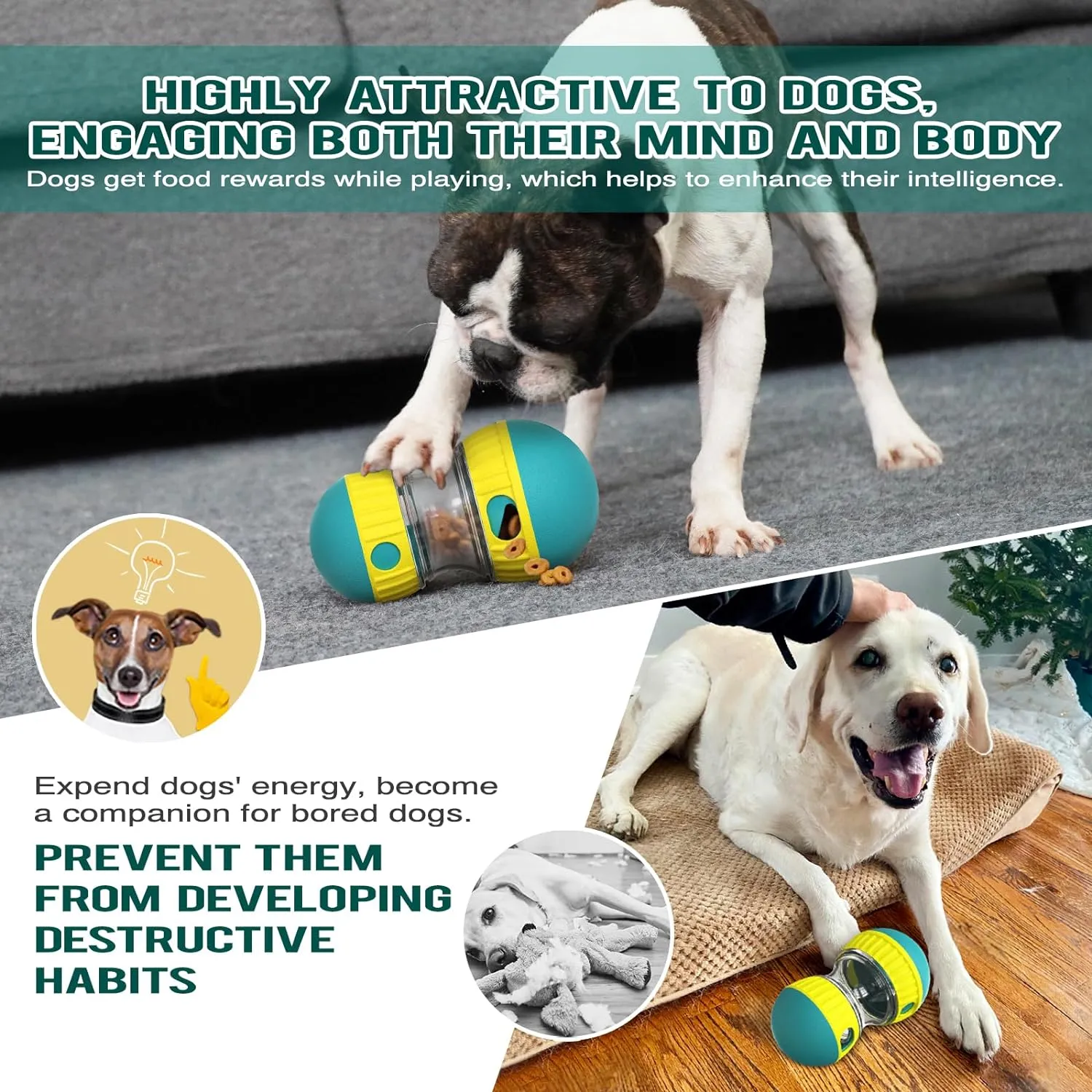 Dog Interactive Toys Adjustable Food Dispenser Tough Slow Feeder Ball Treat Dispenser Dog Toys Puzzles Feeder for Small Medium Large Dogs to Keep Them Busy (Yellow)