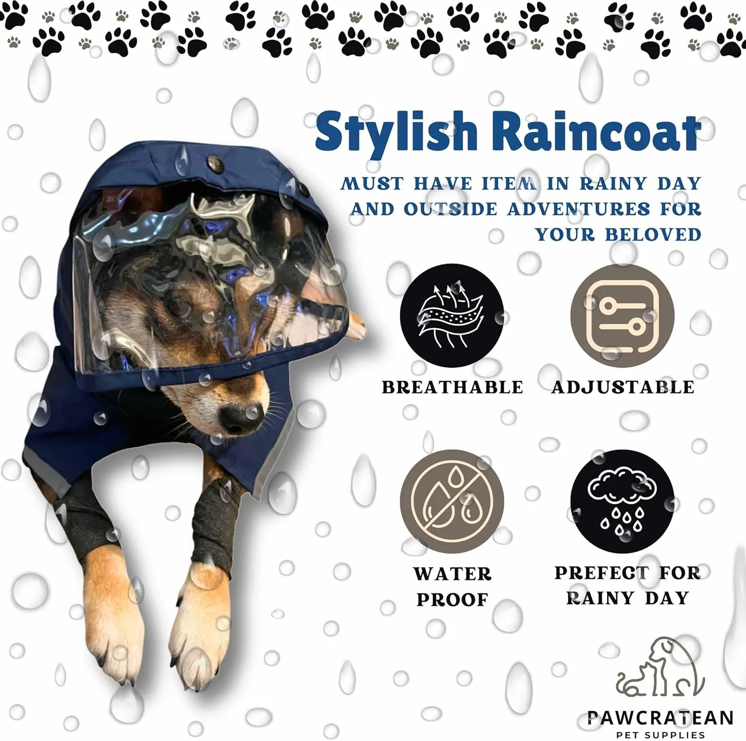 Dog Raincoat, Water Resistant, Adjustable, Cool Design (Dark Blue, X-Small)