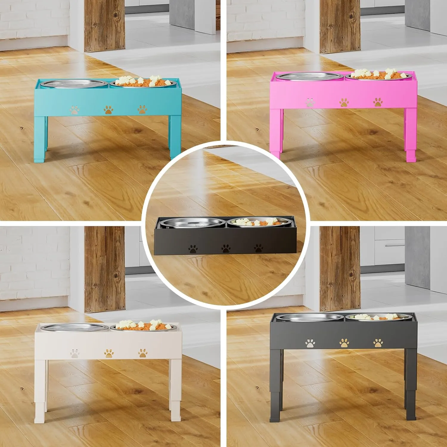 Elevated Dog Bowls with 2 Stainless Steel Bowls, Raised Dog Food Bowl Stand 5 Height Adjustable (3.1", 9", 10", 11", 12") Non-Slip Feeder Station Set for Medium and Large Dogs - Black