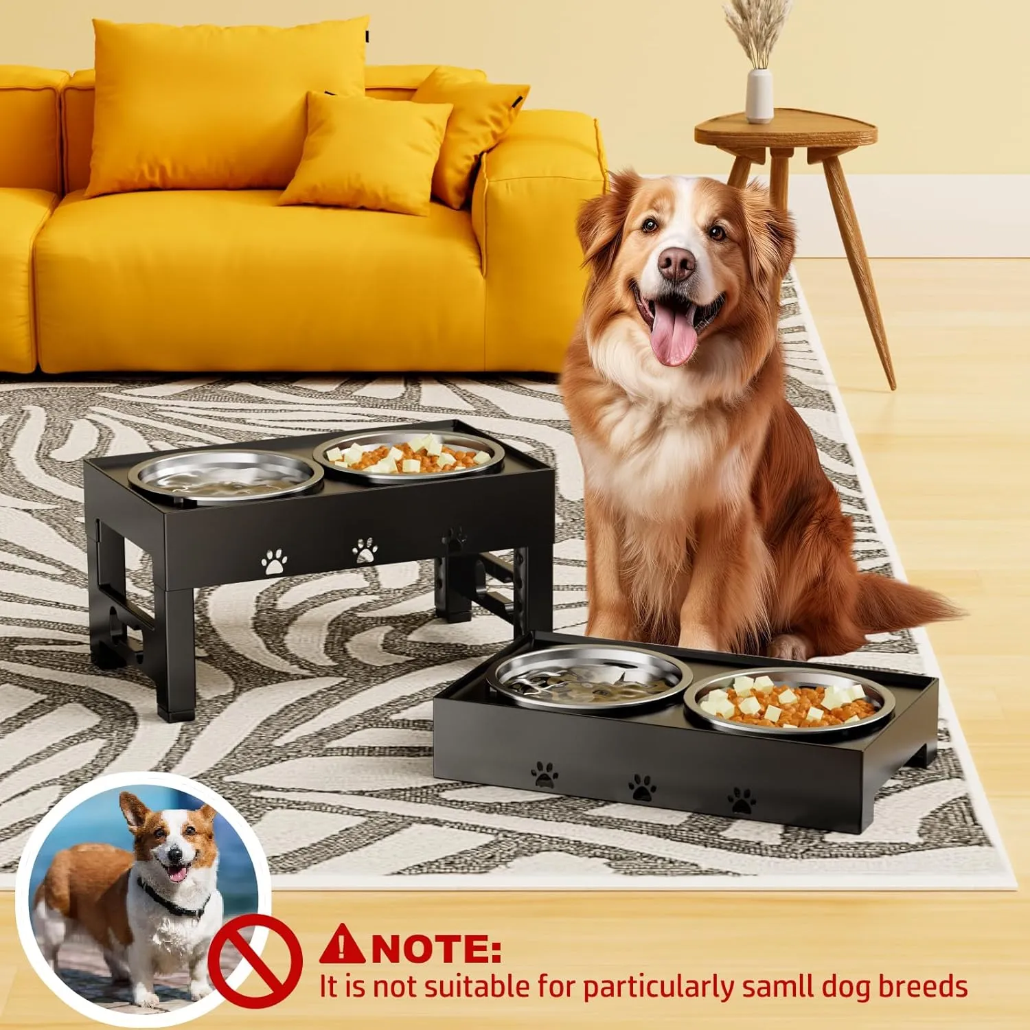 Elevated Dog Bowls with 2 Stainless Steel Bowls, Raised Dog Food Bowl Stand 5 Height Adjustable (3.1", 9", 10", 11", 12") Non-Slip Feeder Station Set for Medium and Large Dogs - Black