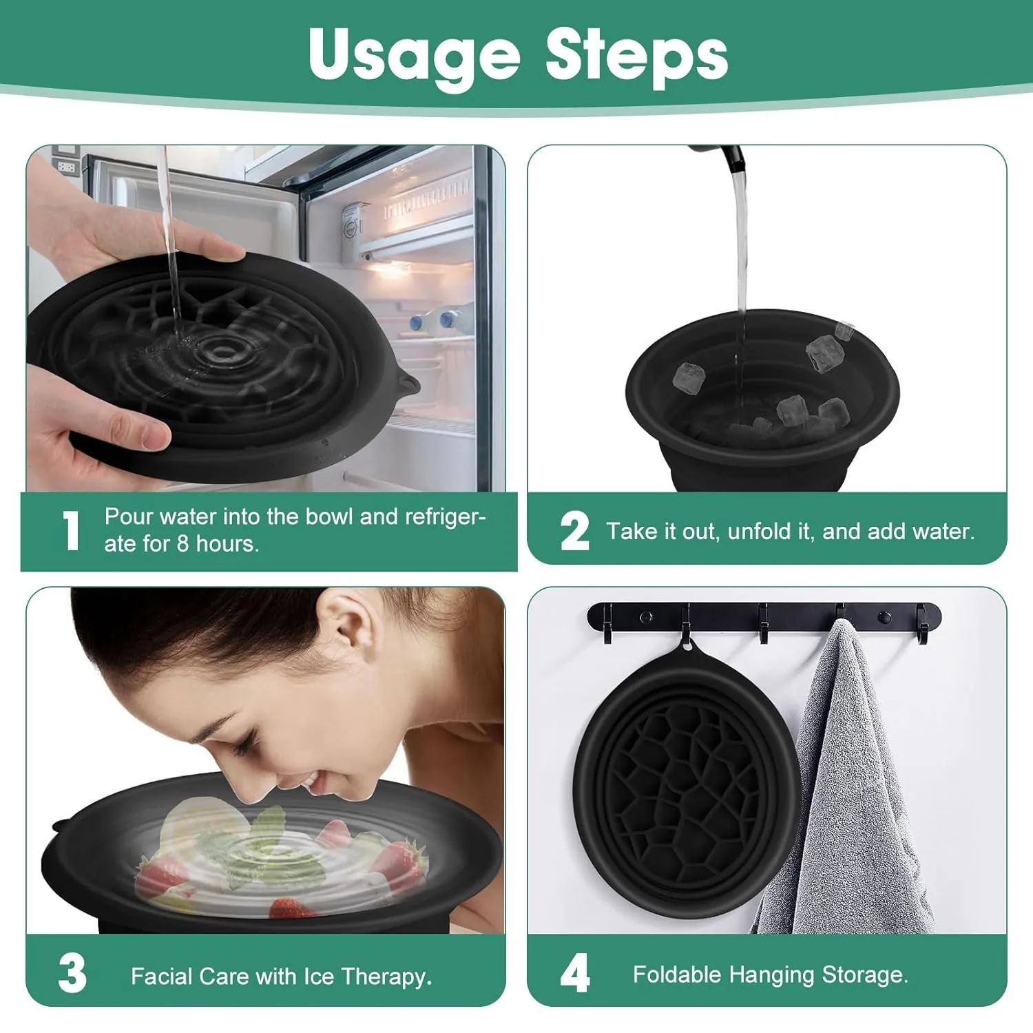 Face Bowl for Ice With Built-in Ice Tray Collapsible Silicone Facial Face Ice Bath Bowl Small Reusable Cold Plunge Basin is Portable,Perfect for Home Use,Camping,Travel Cold Bath Spa Tool & Black