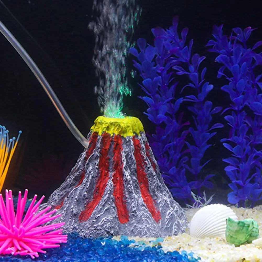 Fish Tank Volcano Bubbler Aquarium LED Lights - Aquarium Volcano Ornament Kit with Air Stone Bubbler Fish Tank Decorations