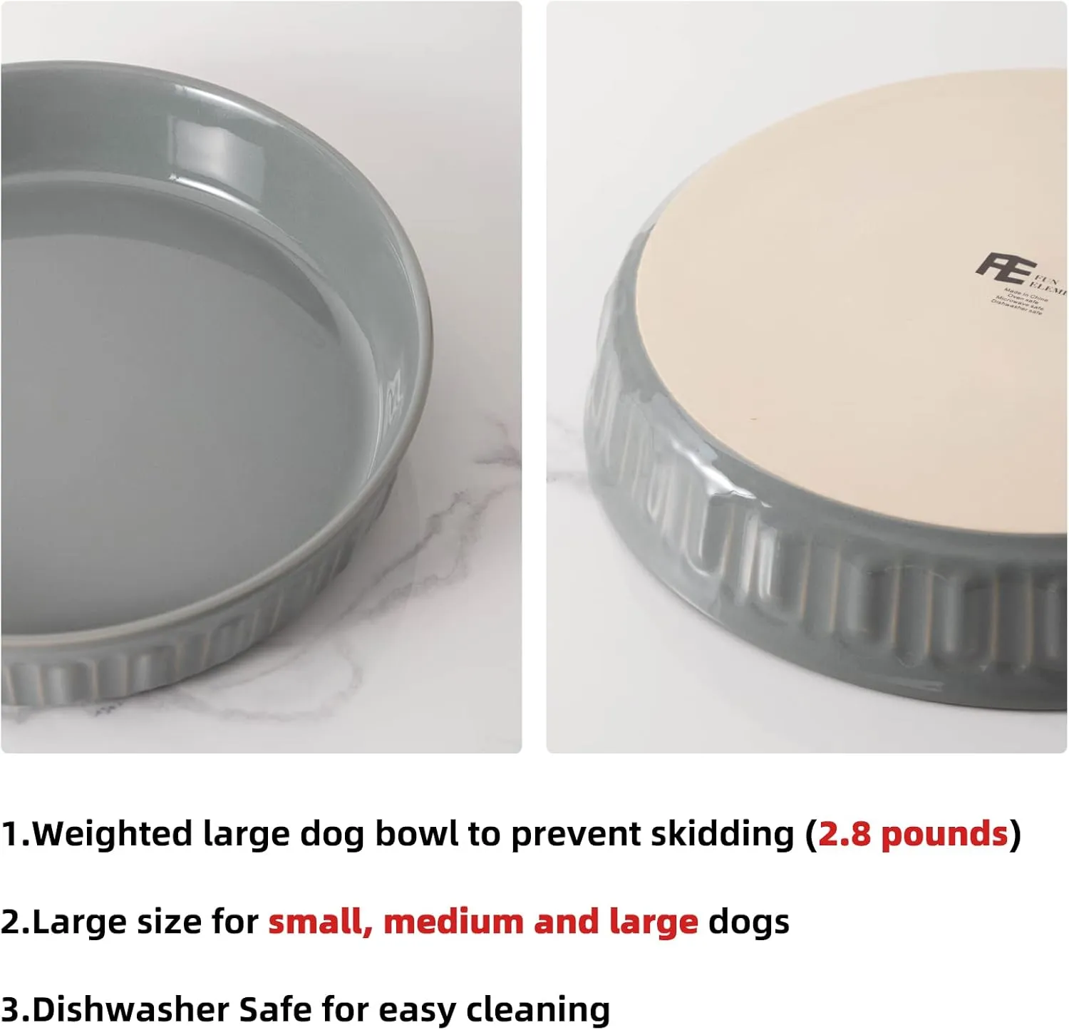 Fun Elements Shallow Dog Bowls, 10.5" Ceramic Large Food Plate for Small, Medium and Large Breeds, Non-Slip, Flat and Wide, Dishwasher Safe, Suitable for Dogs and Cats (Grey)