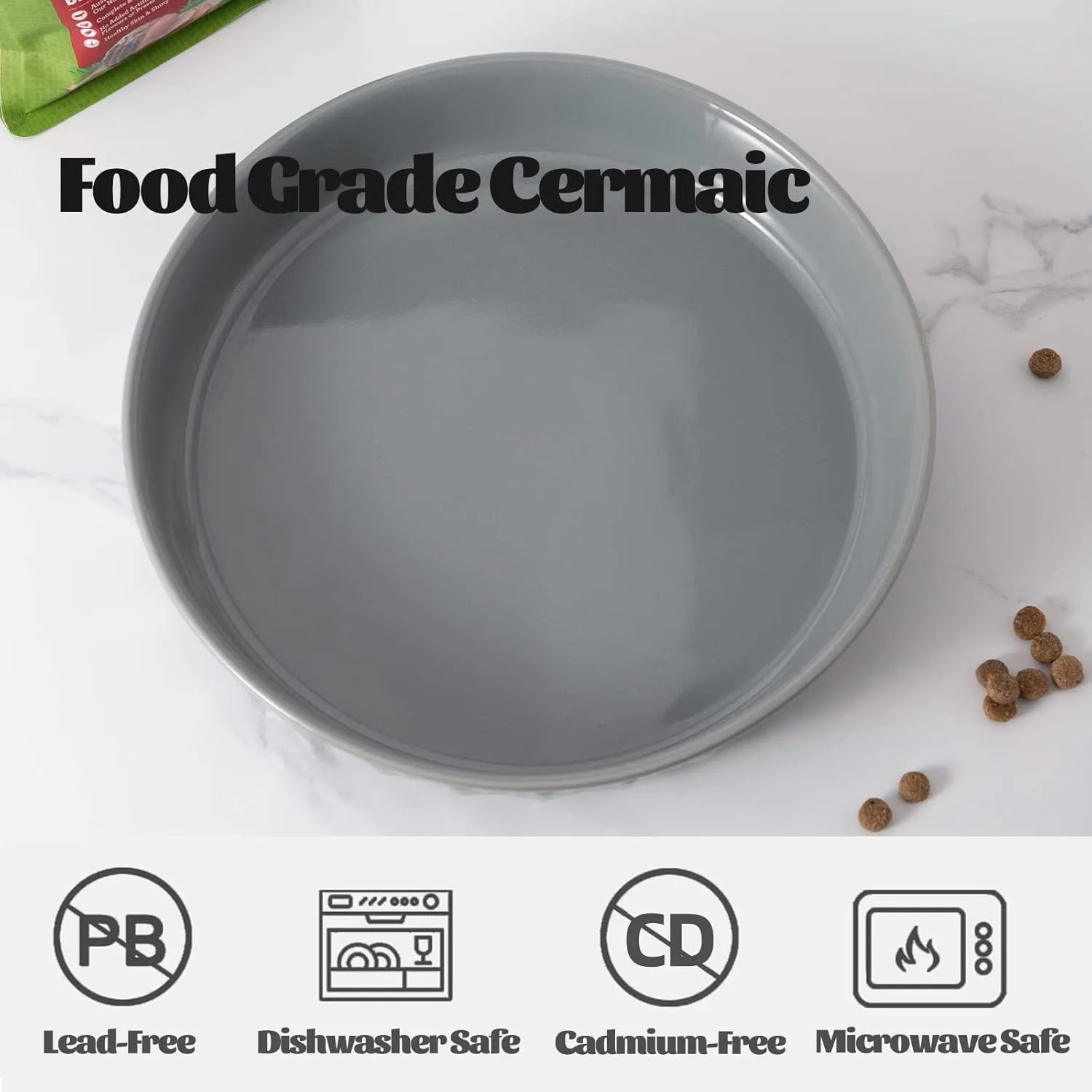 Fun Elements Shallow Dog Bowls, 10.5" Ceramic Large Food Plate for Small, Medium and Large Breeds, Non-Slip, Flat and Wide, Dishwasher Safe, Suitable for Dogs and Cats (Grey)