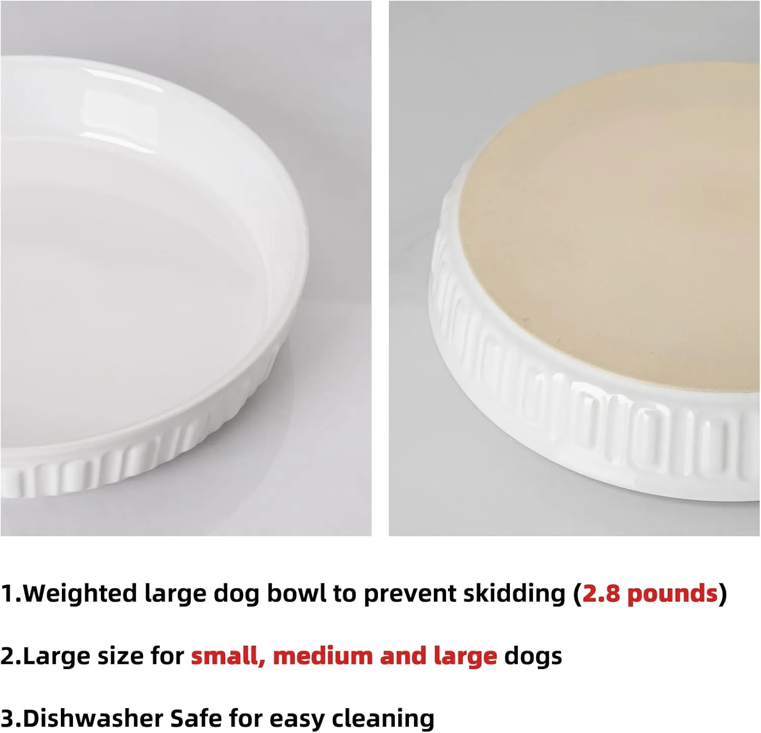 Fun Elements Shallow Dog Bowls, 10.5" Ceramic Large Food Plate for Small, Medium and Large Breeds, Non-Slip, Flat and Wide, Dishwasher Safe, Suitable for Dogs and Cats (White)
