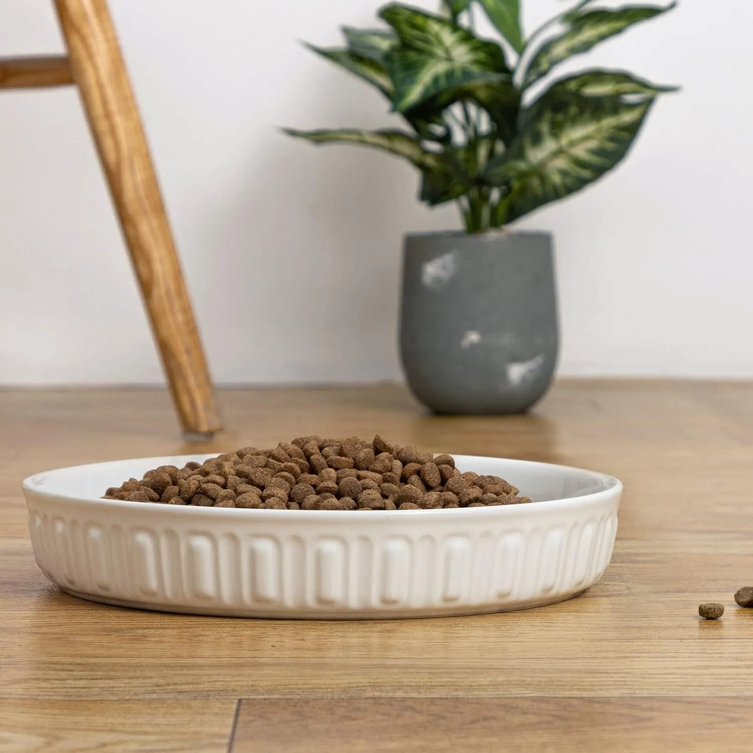 Fun Elements Shallow Dog Bowls, 10.5" Ceramic Large Food Plate for Small, Medium and Large Breeds, Non-Slip, Flat and Wide, Dishwasher Safe, Suitable for Dogs and Cats (White)